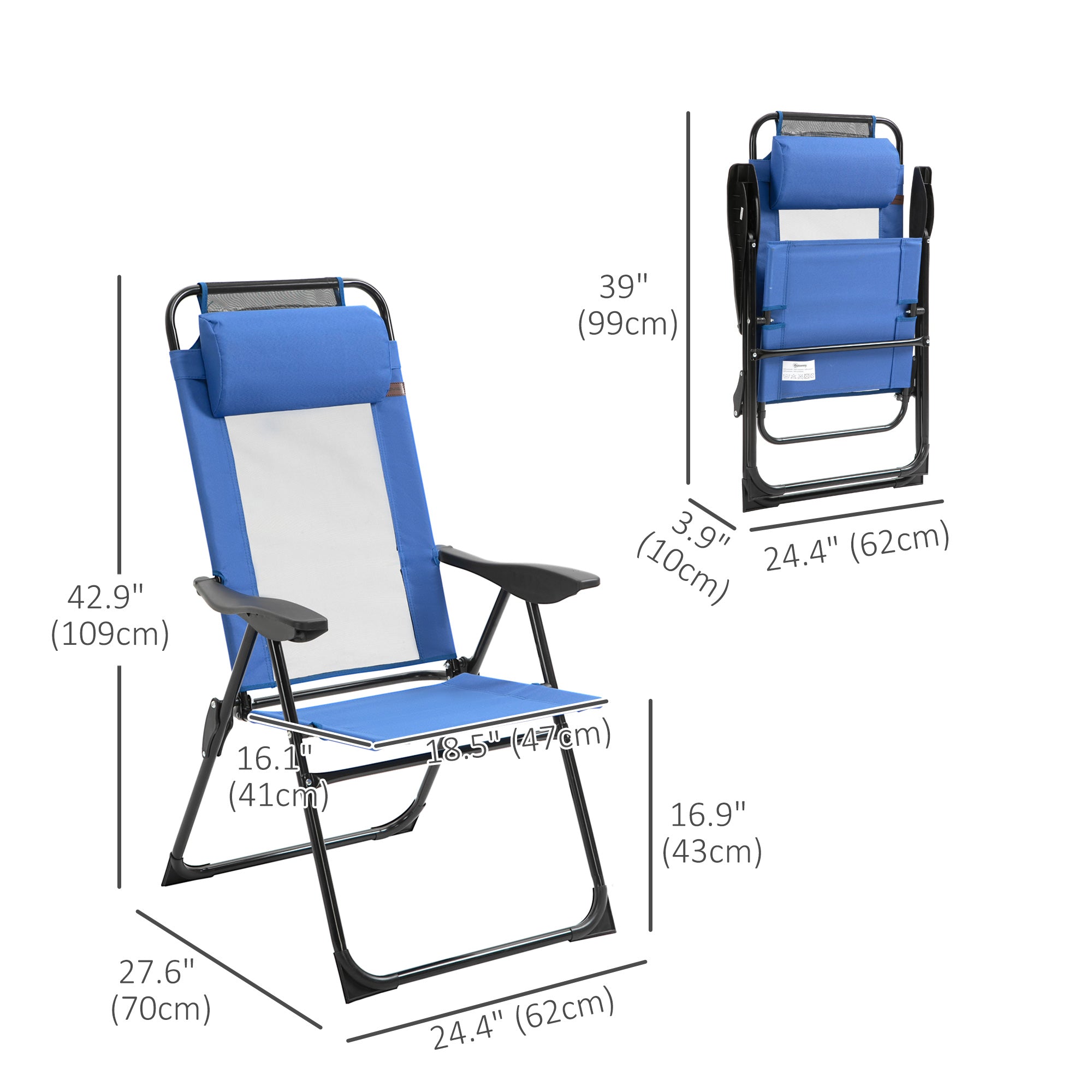 Outsunny Double Camping Chairs, Outdoor Folding Portable Chair Set with Adjustable Backrest, Removable Headrest, Armrest for Camping, Backyard, Blue