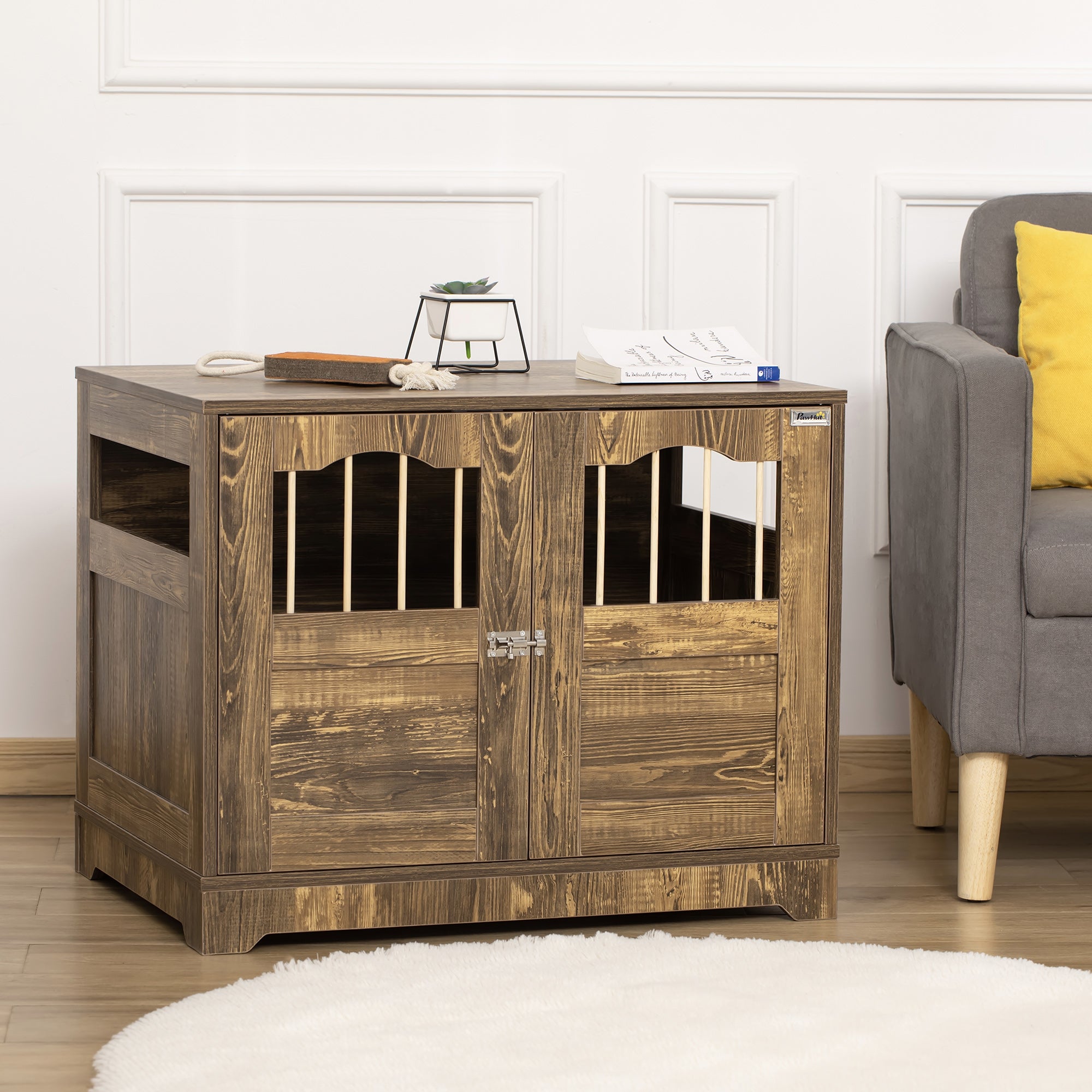 PawHut Wooden Dog Crate, End Table Furniture with Lockable Door, Small & Medium Size Pet Crate Indoor Puppy Cage, Brown