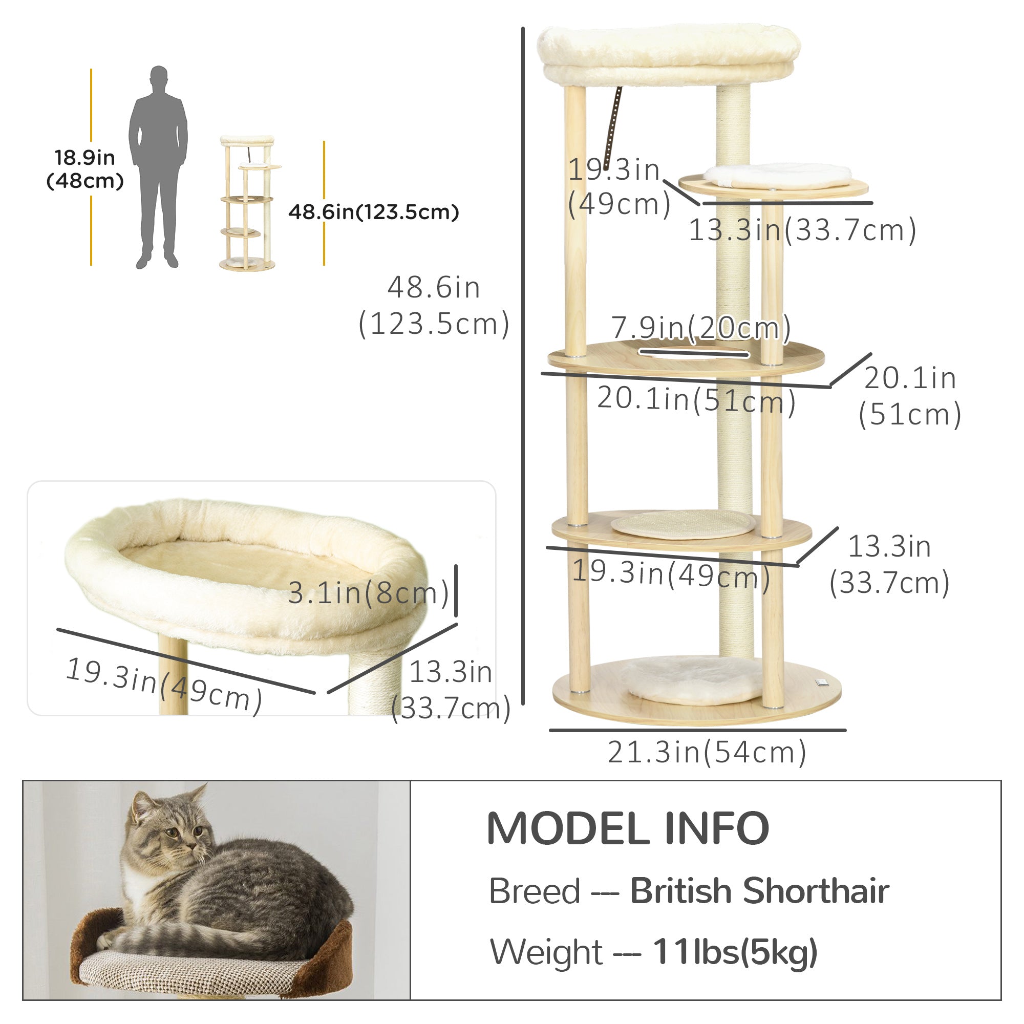 PawHut 49" Cat Tree Multi-Level Kitty Tower with Scratching Post, Cat Bed, Perch, Cushion, Anti-toppling Device, Oak