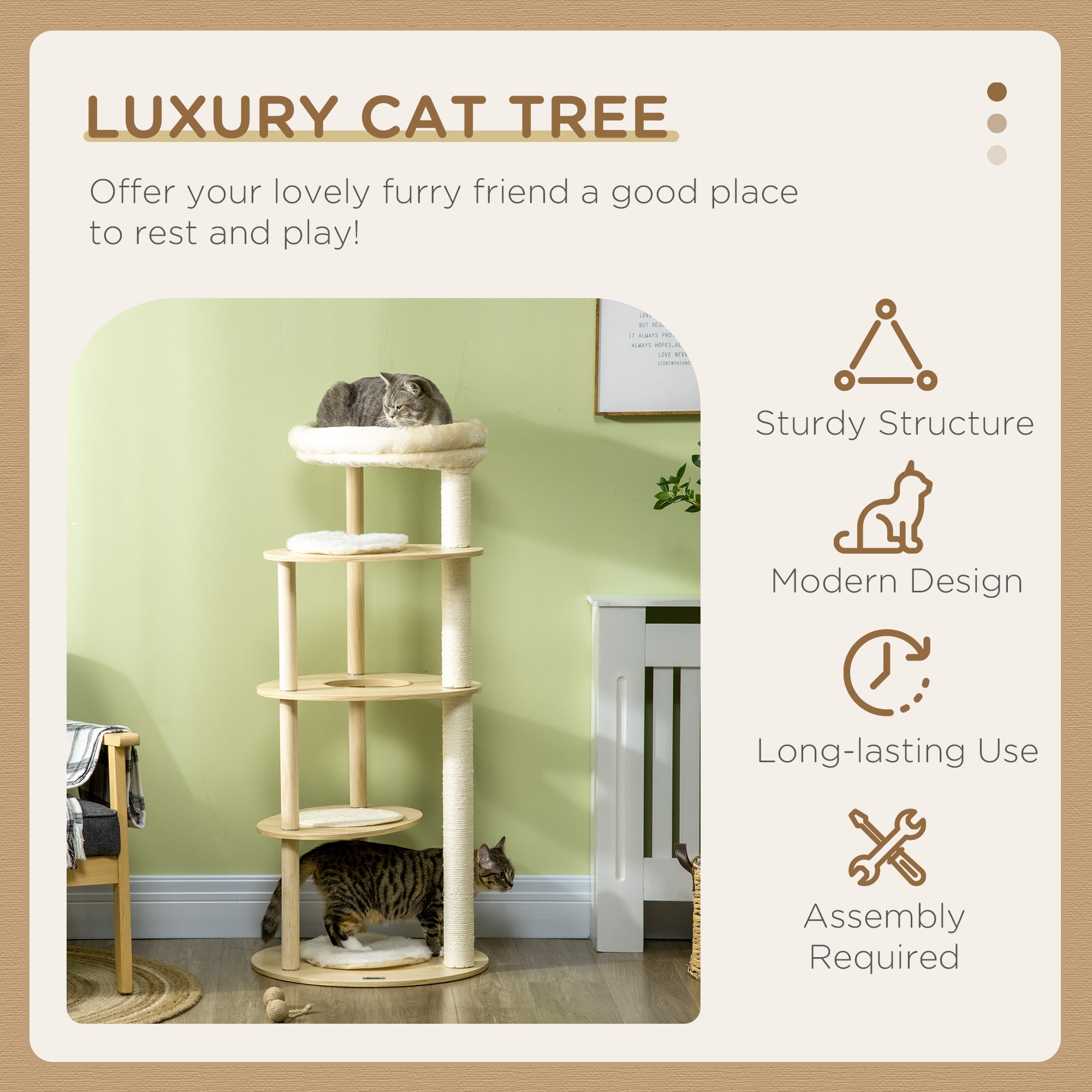PawHut 49" Cat Tree Multi-Level Kitty Tower with Scratching Post, Cat Bed, Perch, Cushion, Anti-toppling Device, Oak