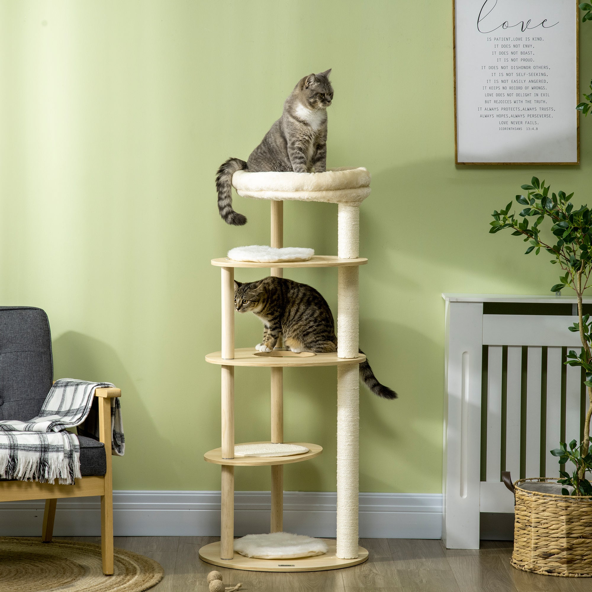 PawHut 49" Cat Tree Multi-Level Kitty Tower with Scratching Post, Cat Bed, Perch, Cushion, Anti-toppling Device, Oak
