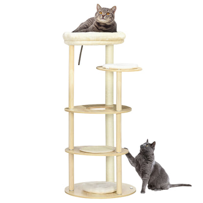 PawHut 49" Cat Tree Multi-Level Kitty Tower with Scratching Post, Cat Bed, Perch, Cushion, Anti-toppling Device, Oak