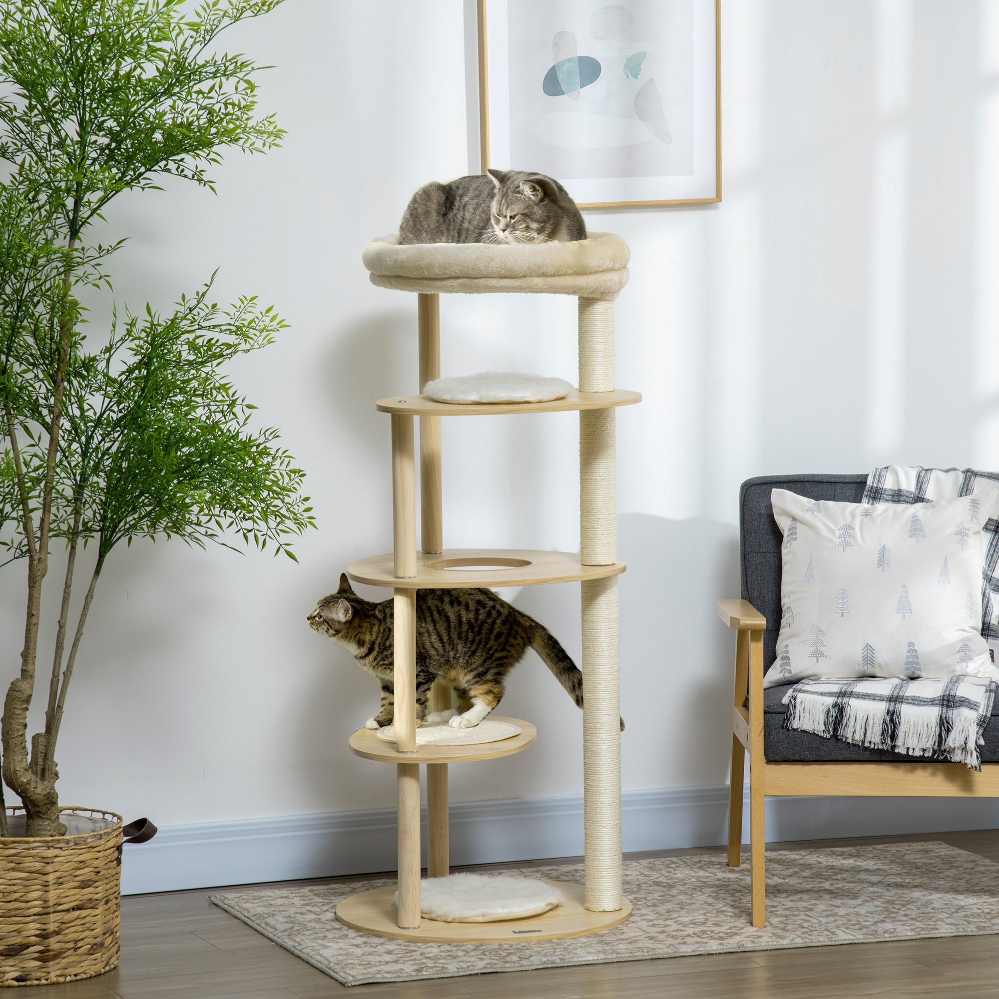 PawHut 49" Cat Tree Multi-Level Kitty Tower with Scratching Post, Cat Bed, Perch, Cushion, Anti-toppling Device, Oak