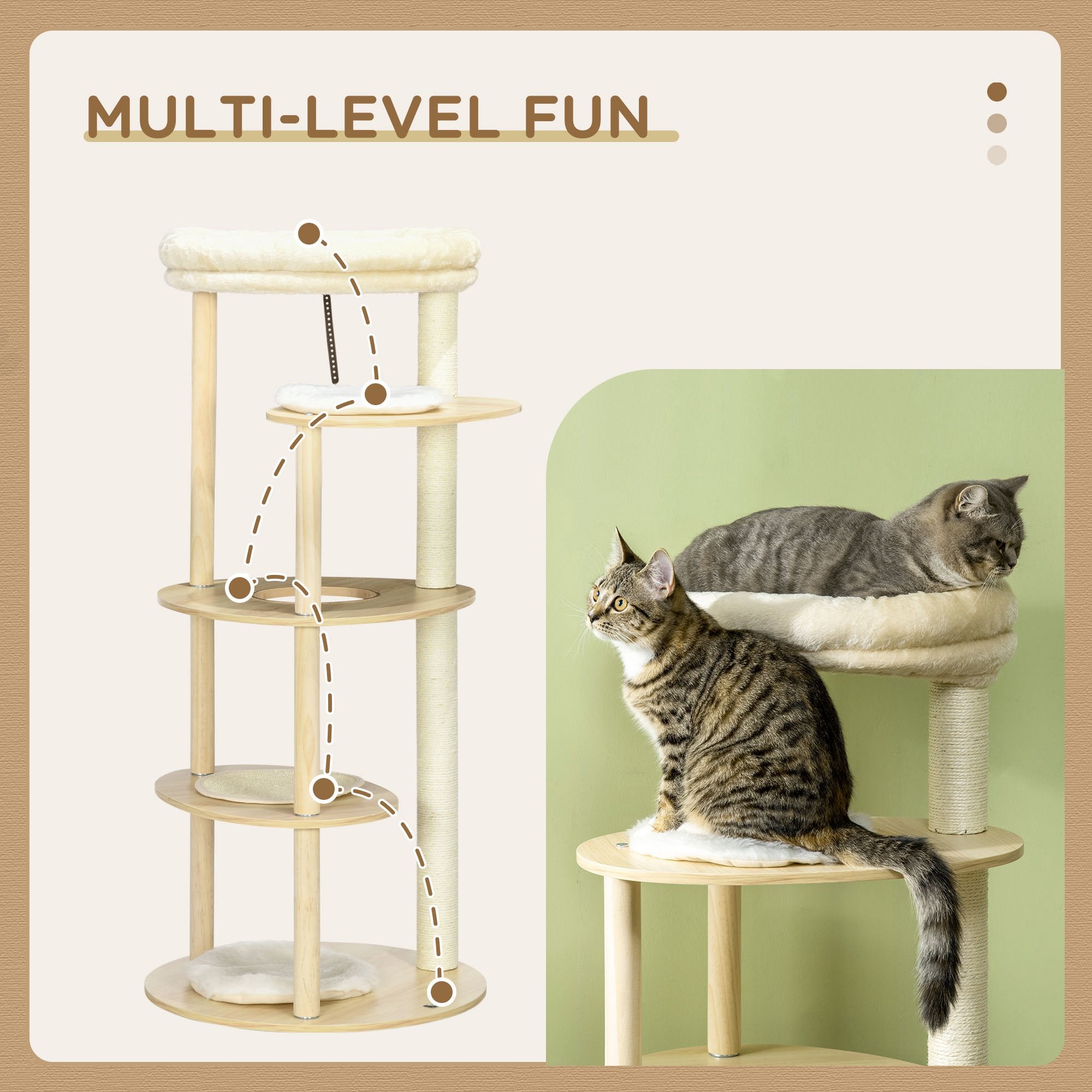 PawHut 49" Cat Tree Multi-Level Kitty Tower with Scratching Post, Cat Bed, Perch, Cushion, Anti-toppling Device, Oak