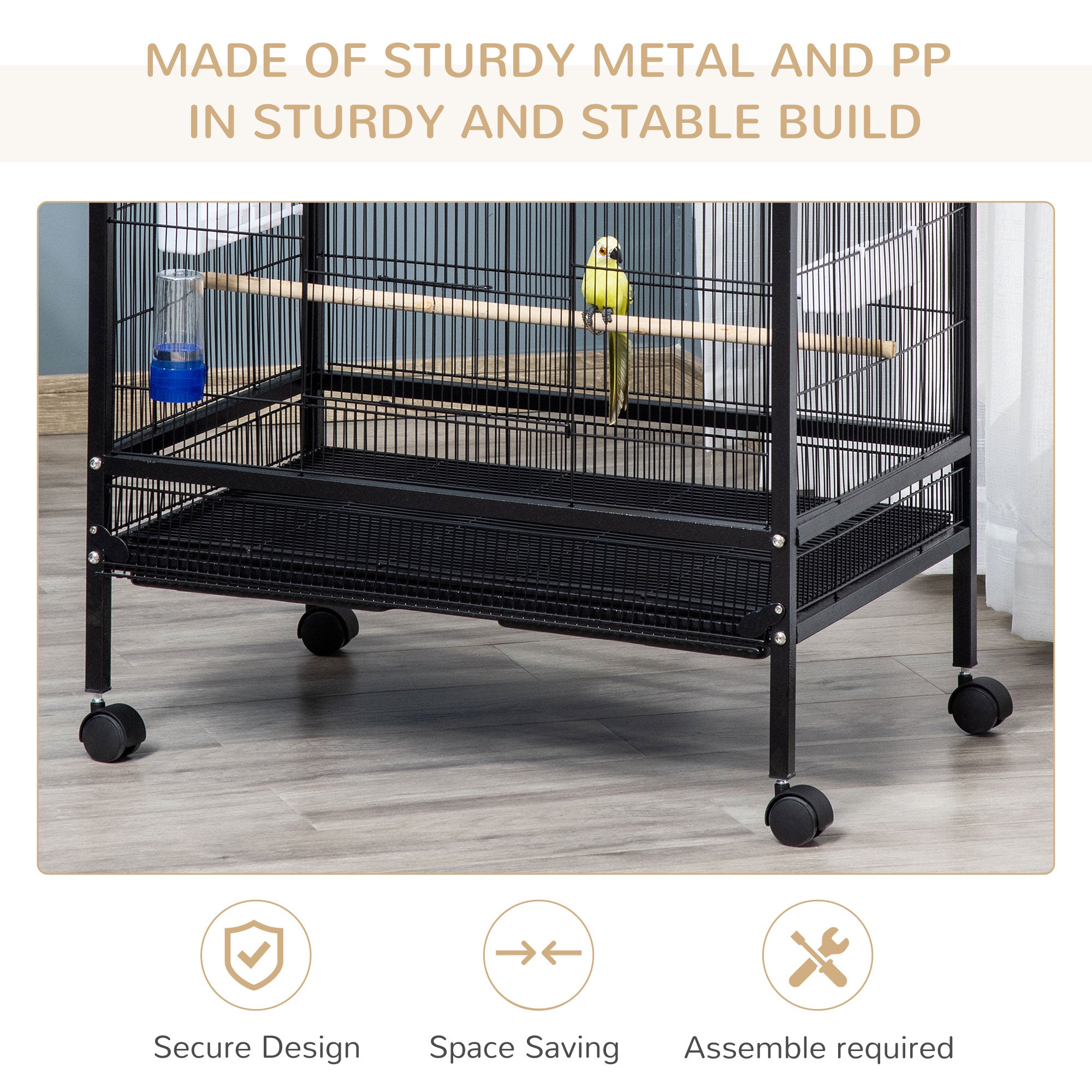 PawHut Bird Cage Parrot Macaw Finch Cockatoo Flight Cage with Wheels, Black