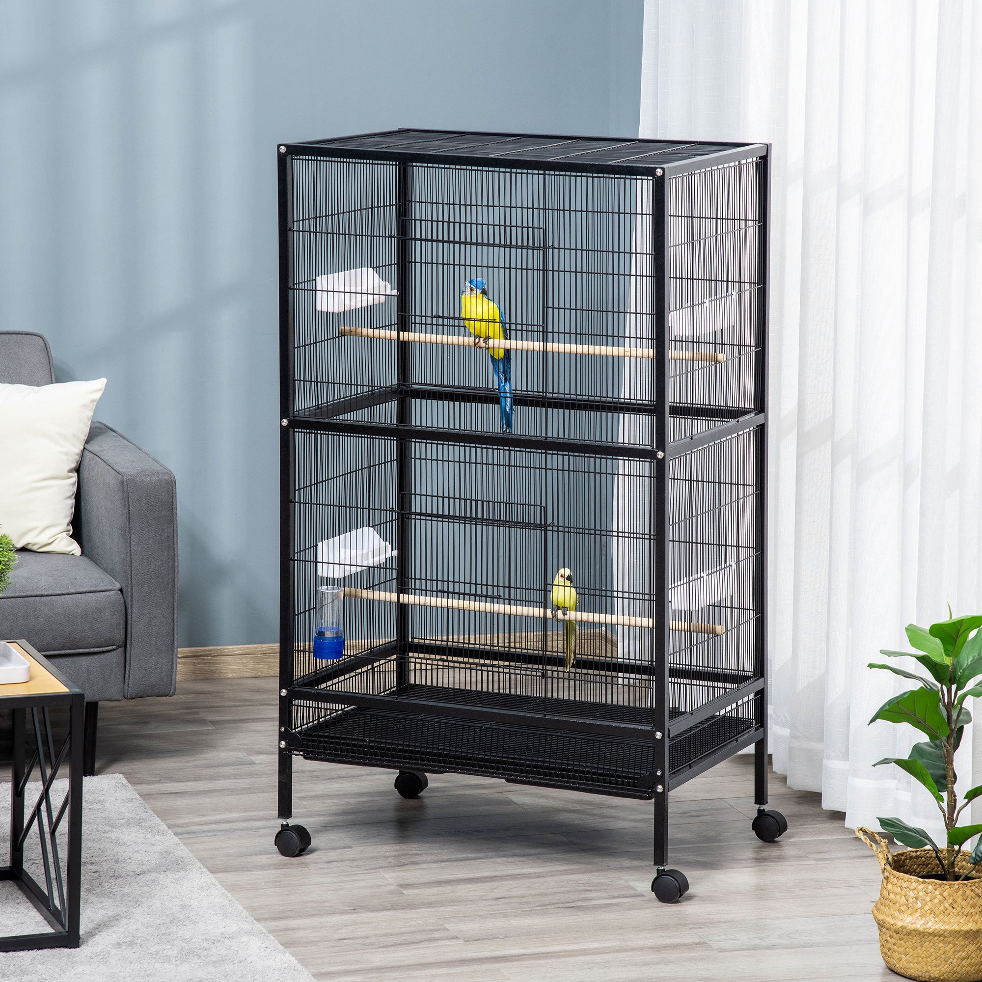 PawHut Bird Cage Parrot Macaw Finch Cockatoo Flight Cage with Wheels, Black