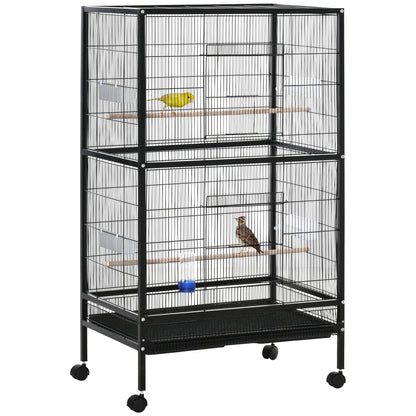 PawHut Bird Cage Parrot Macaw Finch Cockatoo Flight Cage with Wheels, Black