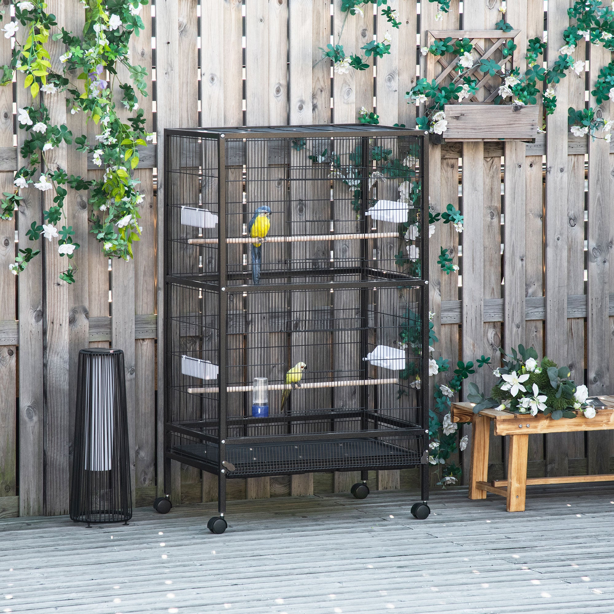 PawHut Bird Cage Parrot Macaw Finch Cockatoo Flight Cage with Wheels, Black