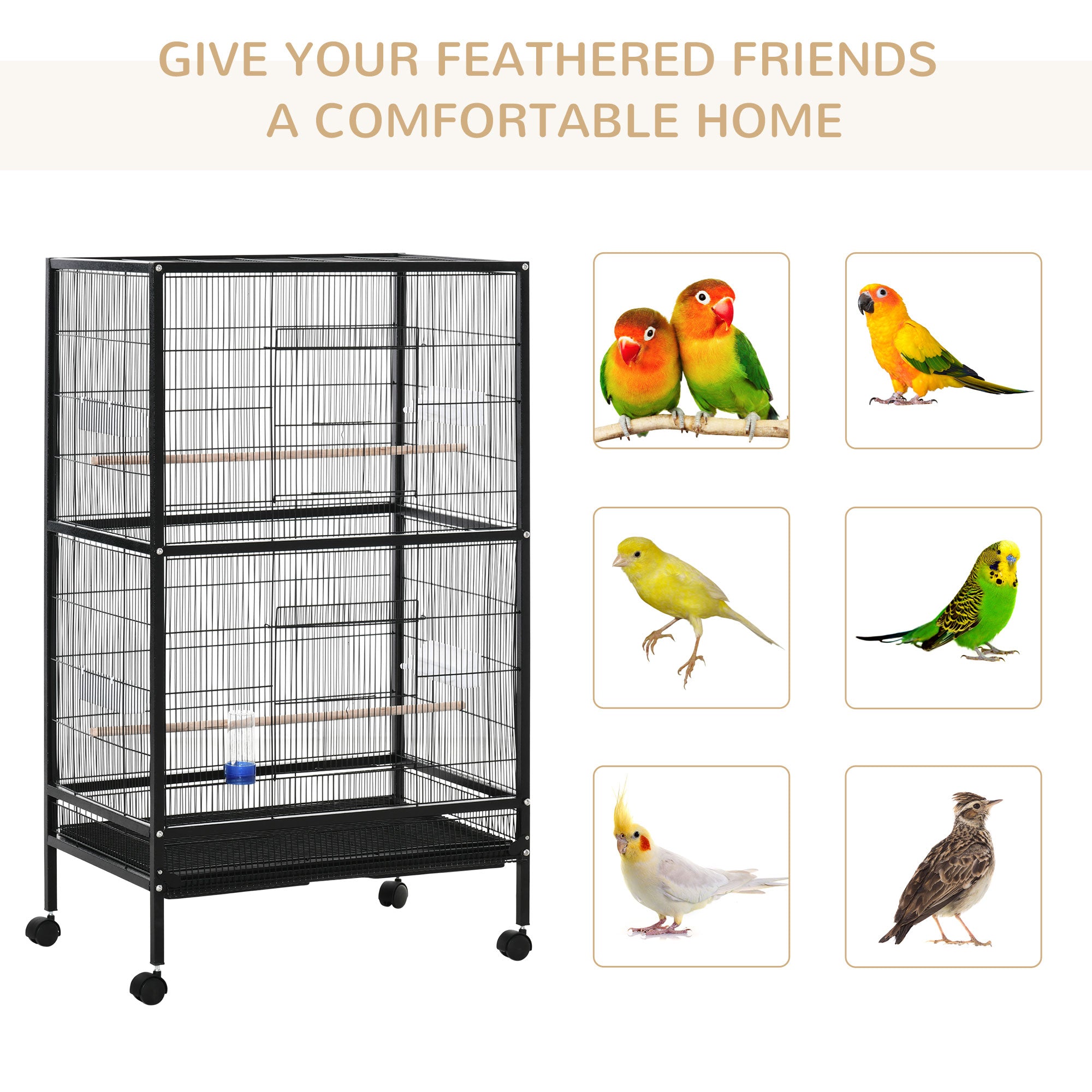 PawHut Bird Cage Parrot Macaw Finch Cockatoo Flight Cage with Wheels, Black