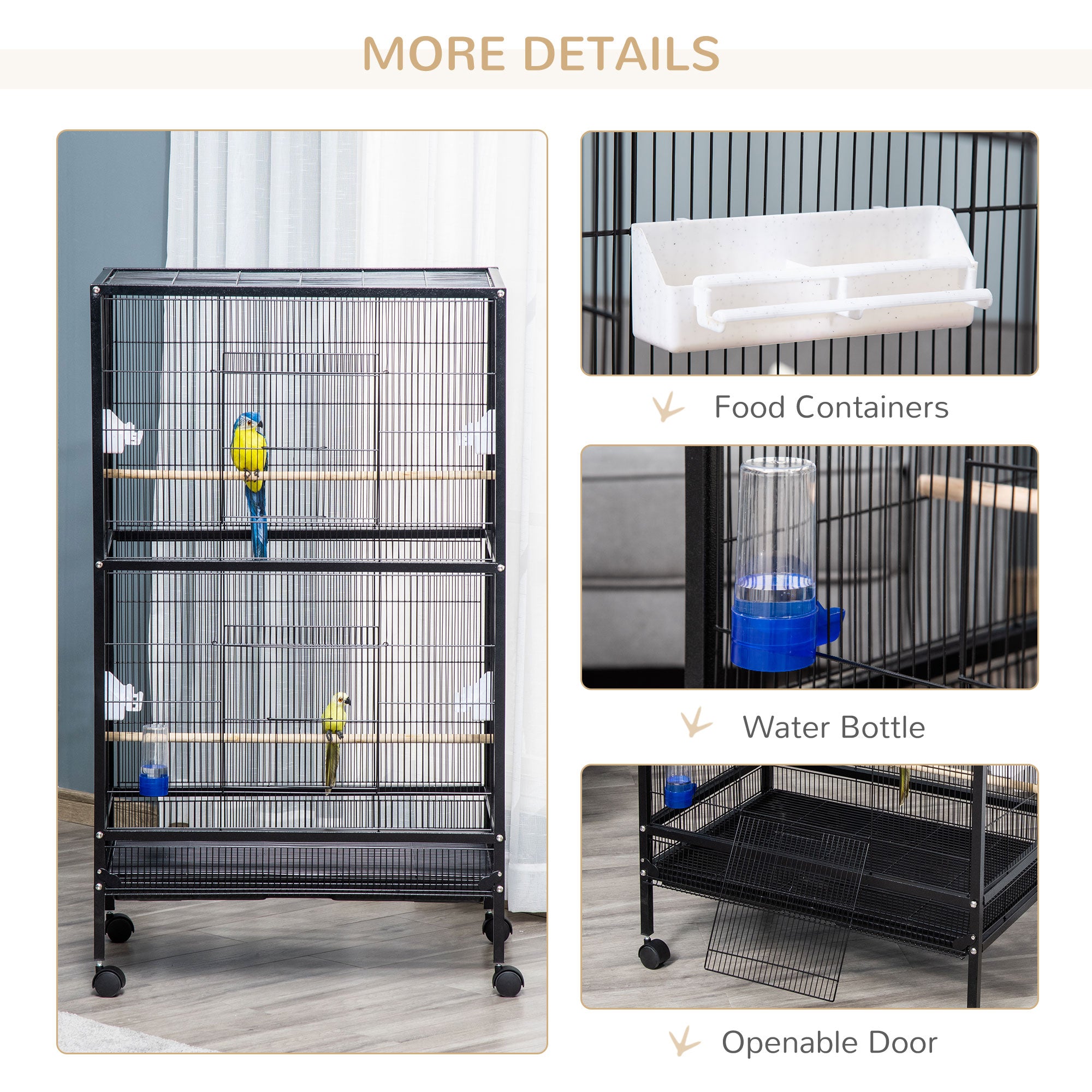 PawHut Bird Cage Parrot Macaw Finch Cockatoo Flight Cage with Wheels, Black