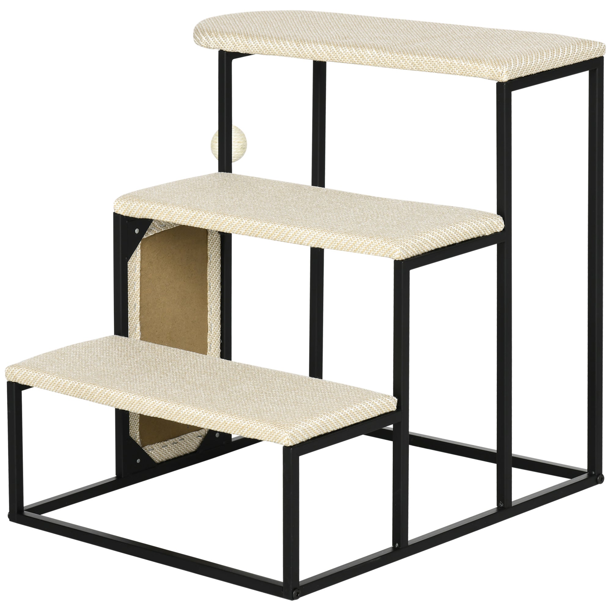 PawHut 20" 3 Steps Cat Stairs, Carpeted Ladder Ramp, Pet Steps with Scratching Board and Hanging Ball for Small Cats, Steel Frame, Cream White