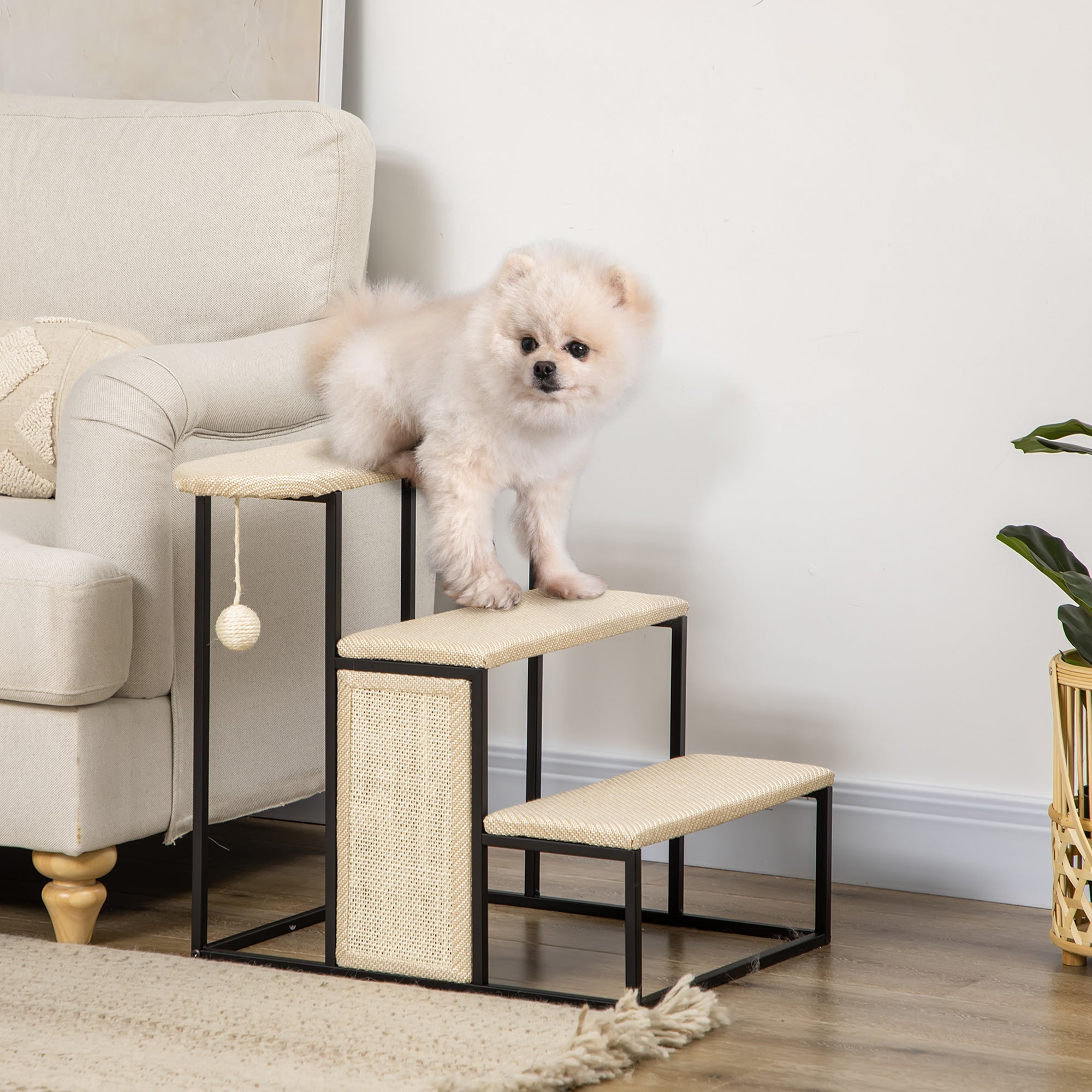 PawHut 20" 3 Steps Cat Stairs, Carpeted Ladder Ramp, Pet Steps with Scratching Board and Hanging Ball for Small Cats, Steel Frame, Cream White