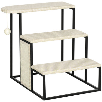 PawHut 20" 3 Steps Cat Stairs, Carpeted Ladder Ramp, Pet Steps with Scratching Board and Hanging Ball for Small Cats, Steel Frame, Cream White