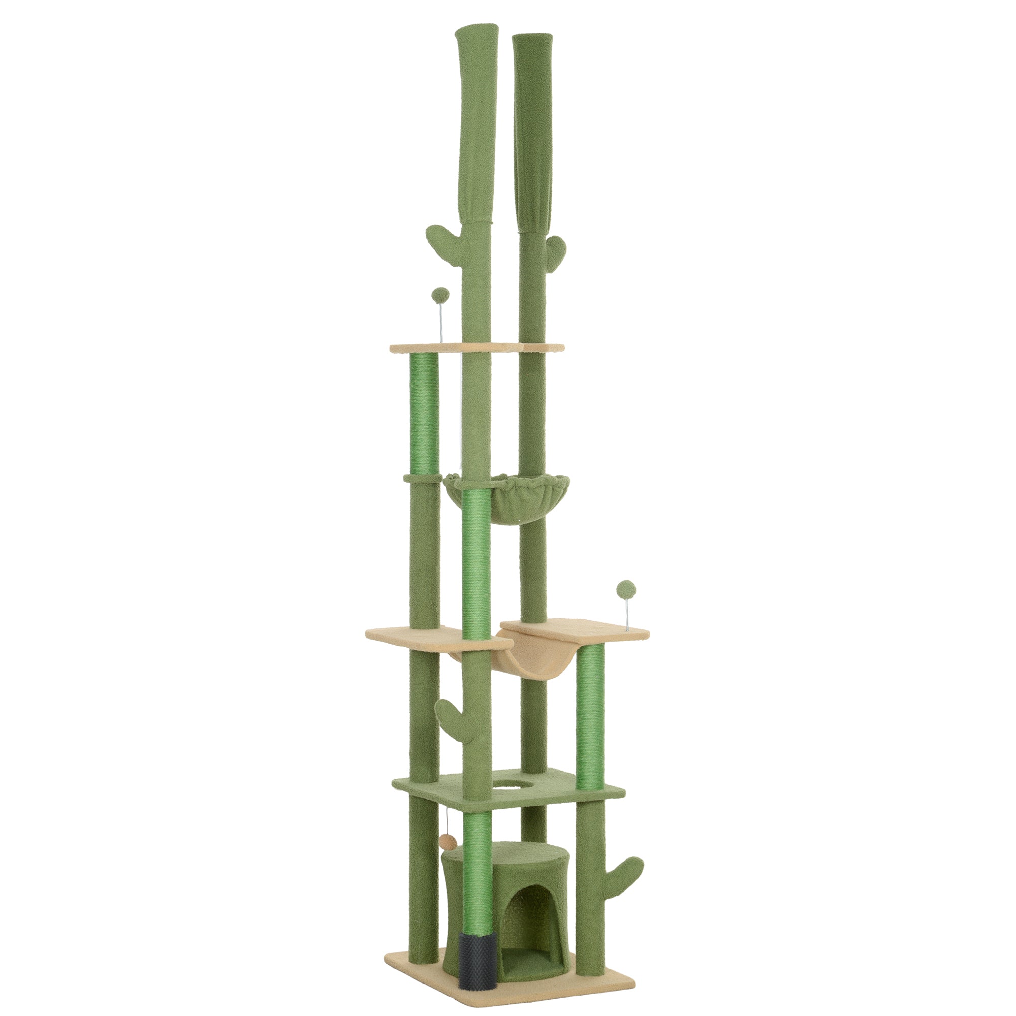 PawHut Floor to Ceiling Cat Tree, 89"-100" Adjustable Height Cat Tower for Large Cats with Scratching Posts, Grooming Brush Post, Cat Condo, Perches, Hammocks, Balls, Green