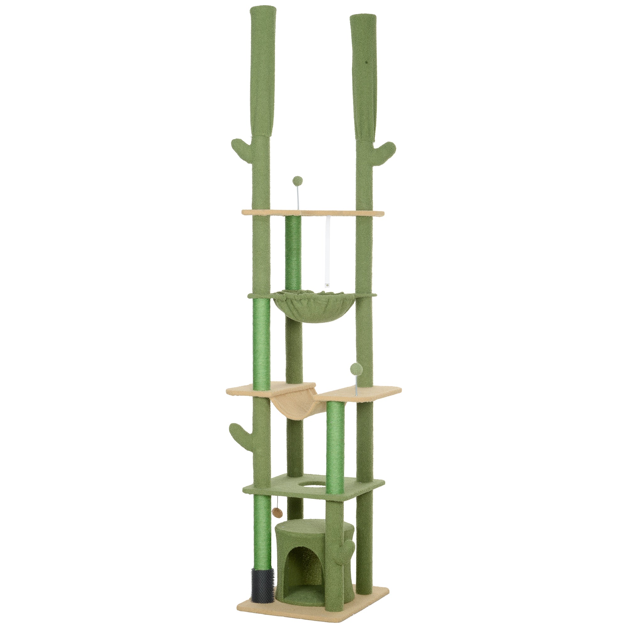 PawHut Floor to Ceiling Cat Tree, 89"-100" Adjustable Height Cat Tower for Large Cats with Scratching Posts, Grooming Brush Post, Cat Condo, Perches, Hammocks, Balls, Green
