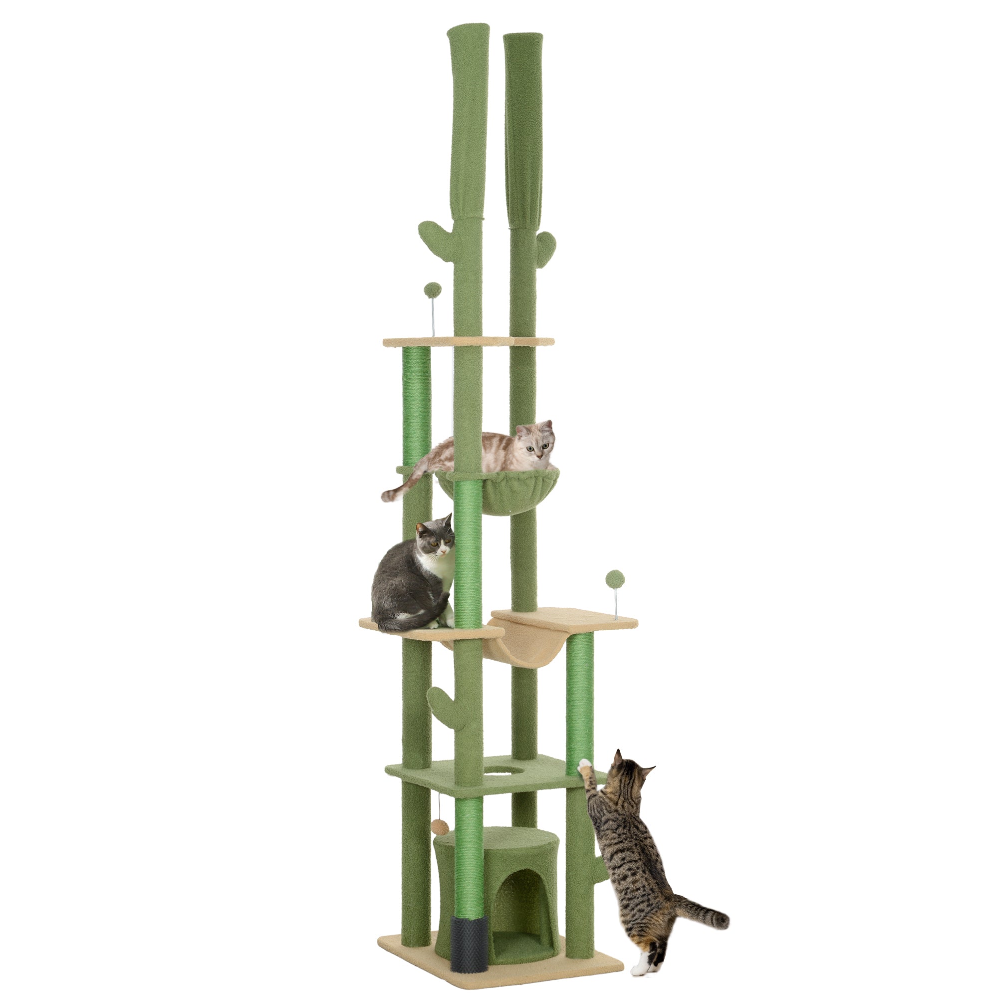 PawHut Floor to Ceiling Cat Tree, 89"-100" Adjustable Height Cat Tower for Large Cats with Scratching Posts, Grooming Brush Post, Cat Condo, Perches, Hammocks, Balls, Green