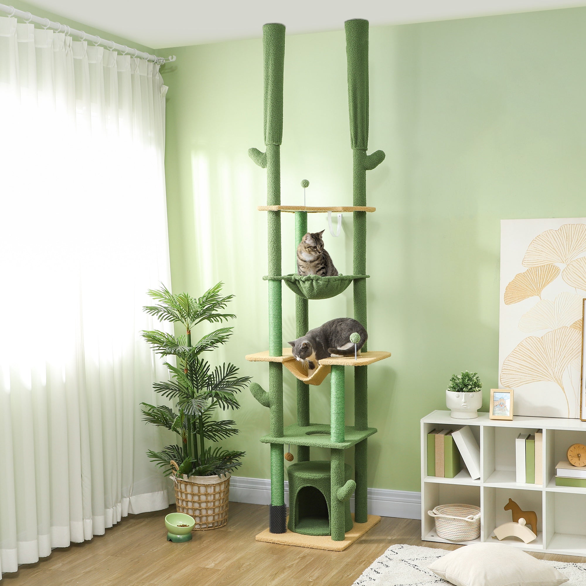 PawHut Floor to Ceiling Cat Tree, 89"-100" Adjustable Height Cat Tower for Large Cats with Scratching Posts, Grooming Brush Post, Cat Condo, Perches, Hammocks, Balls, Green