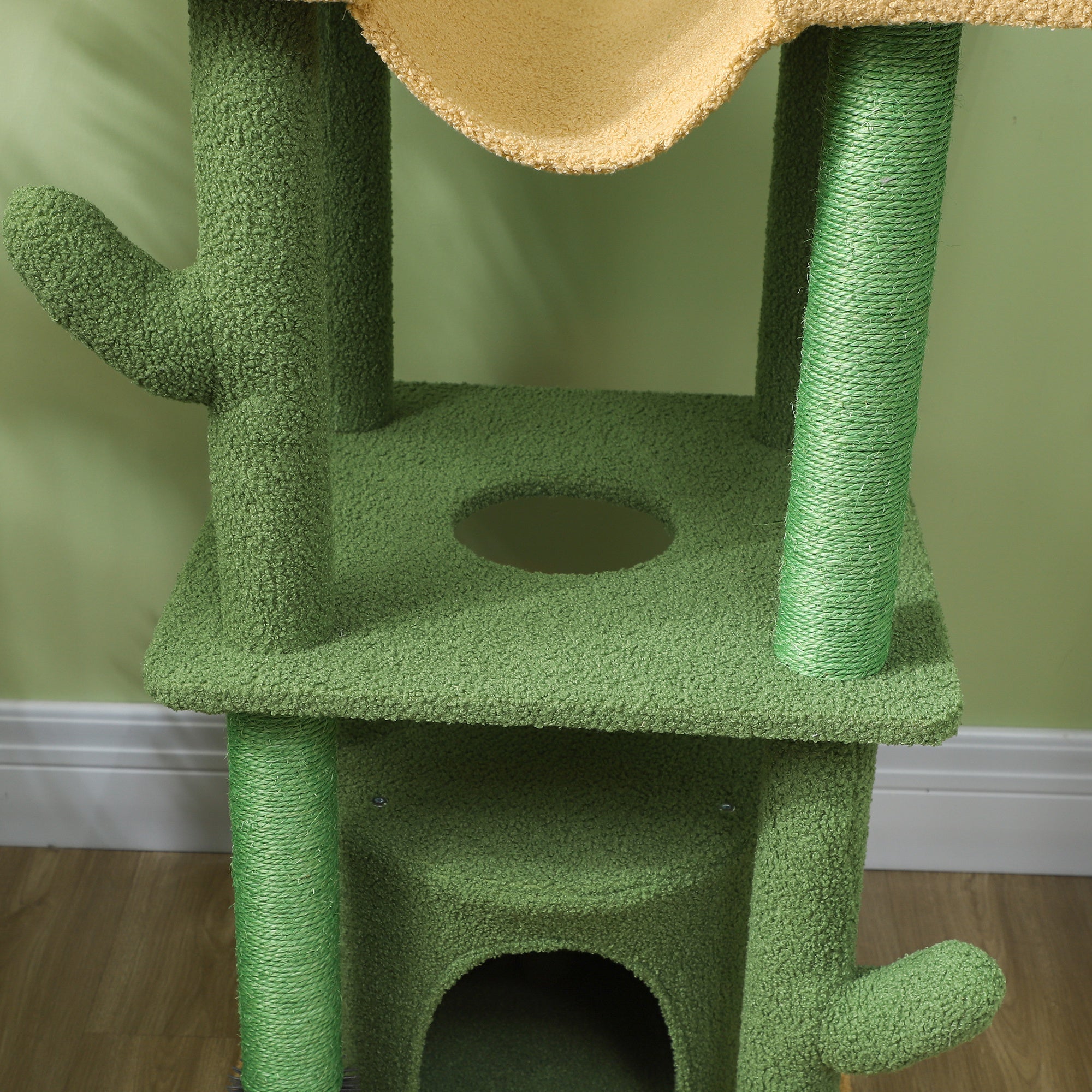 PawHut Floor to Ceiling Cat Tree, 89"-100" Adjustable Height Cat Tower for Large Cats with Scratching Posts, Grooming Brush Post, Cat Condo, Perches, Hammocks, Balls, Green