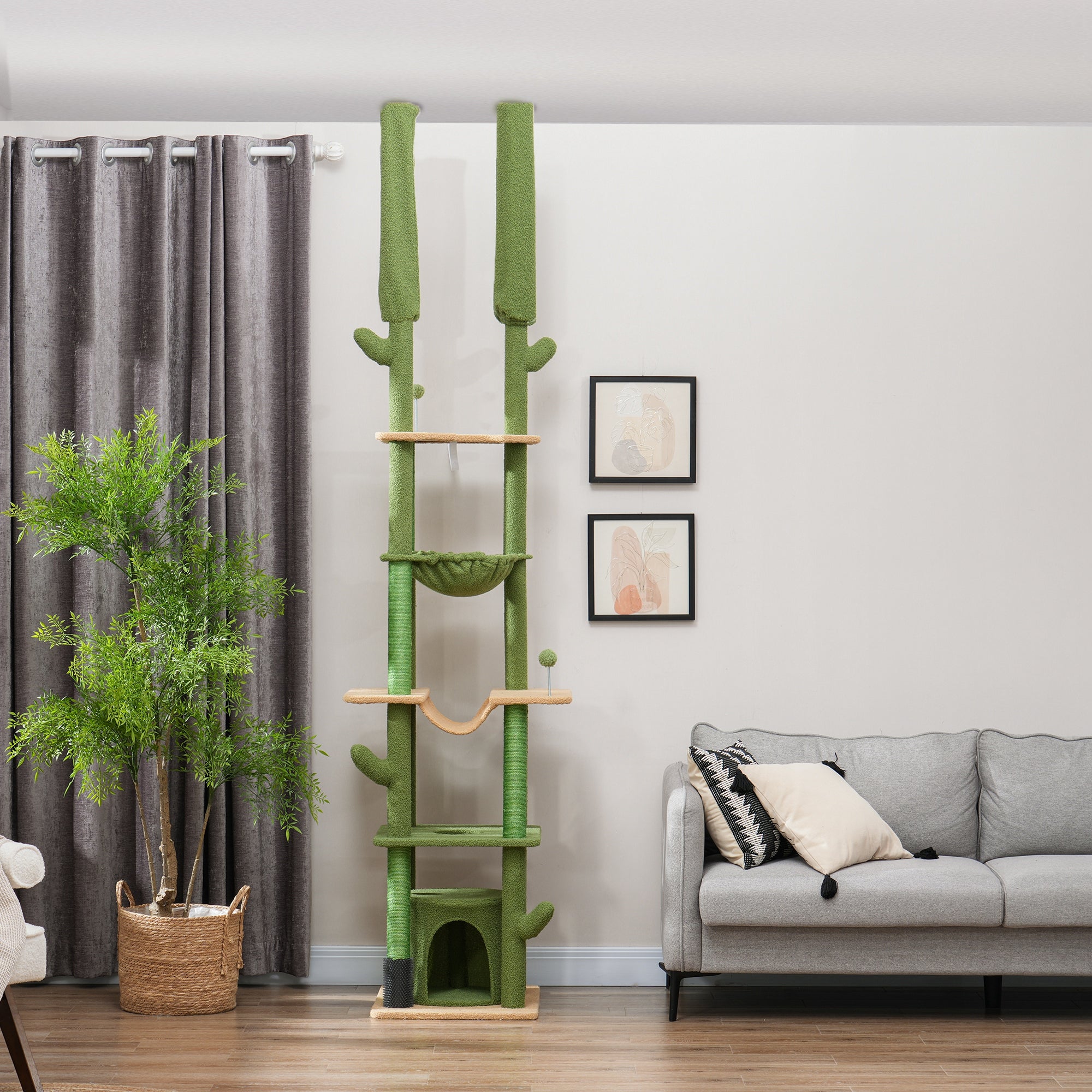 PawHut Floor to Ceiling Cat Tree, 89"-100" Adjustable Height Cat Tower for Large Cats with Scratching Posts, Grooming Brush Post, Cat Condo, Perches, Hammocks, Balls, Green