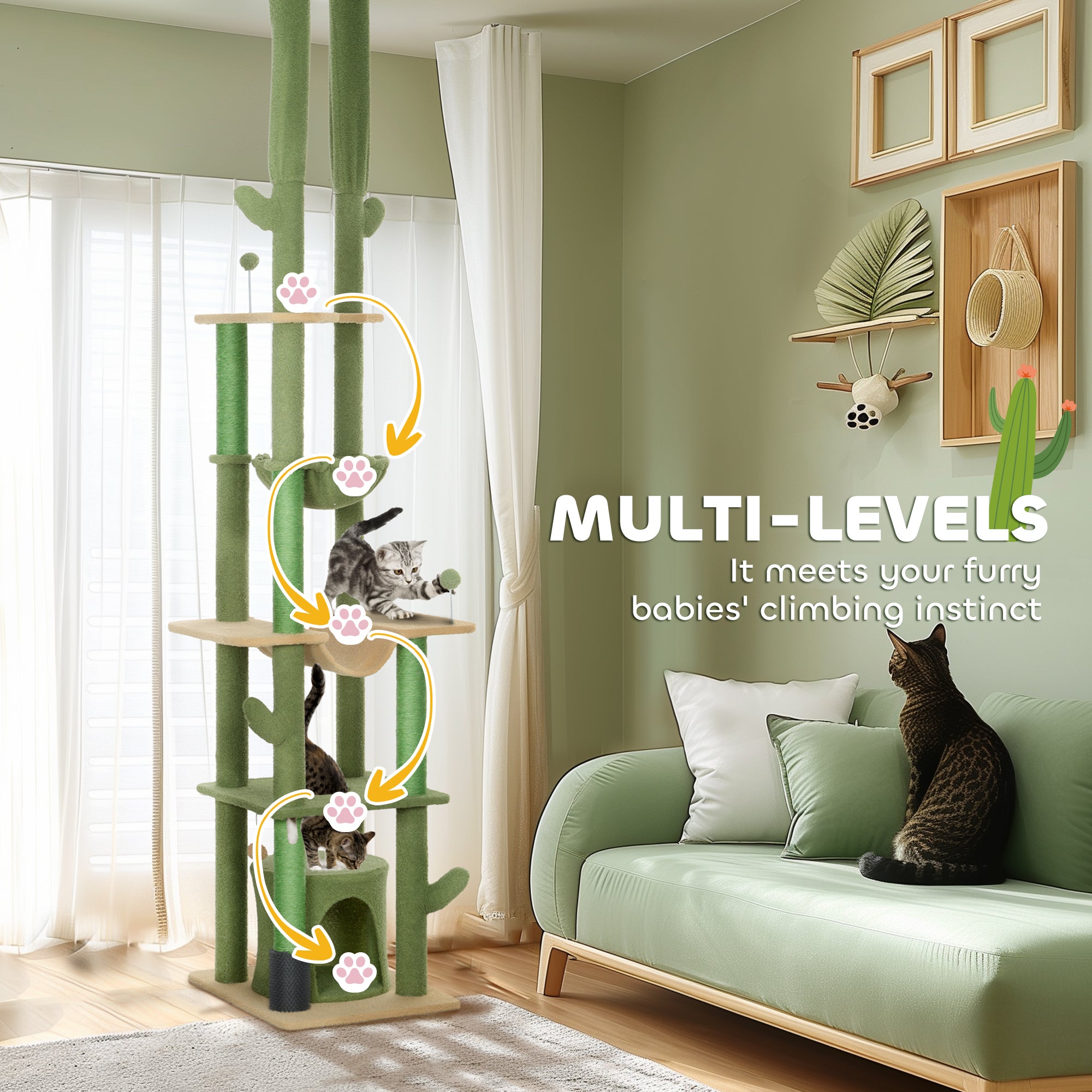 PawHut Floor to Ceiling Cat Tree, 89"-100" Adjustable Height Cat Tower for Large Cats with Scratching Posts, Grooming Brush Post, Cat Condo, Perches, Hammocks, Balls, Green