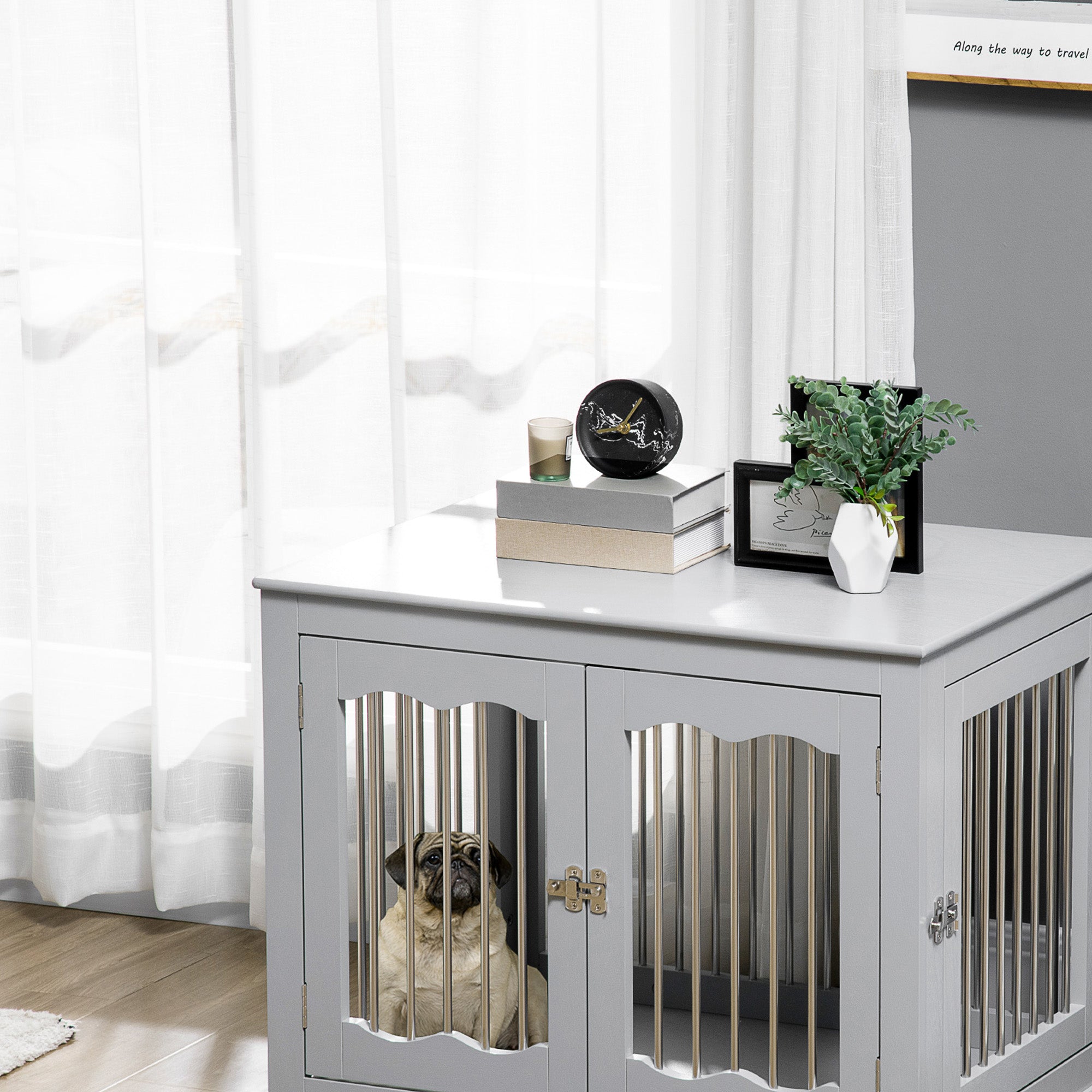 PawHut Dog Crate End Table with Three Doors, Furniture Style Dog Crate with Interchanged Side Door, for Medium Dogs, Indoor Use w/ Locks and Latches - Grey