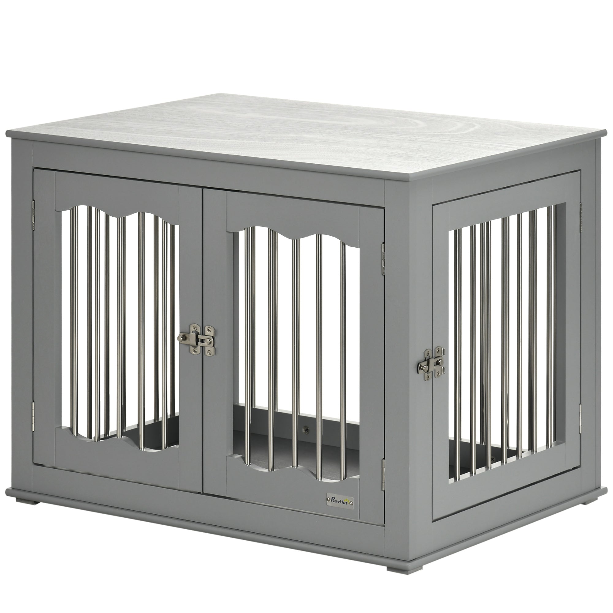 PawHut Dog Crate Furniture, 32" Dog Kennel Side End Table with Three Doors, Locks, Dog Cage for Indoor Use, for Small Medium Dogs, Grey