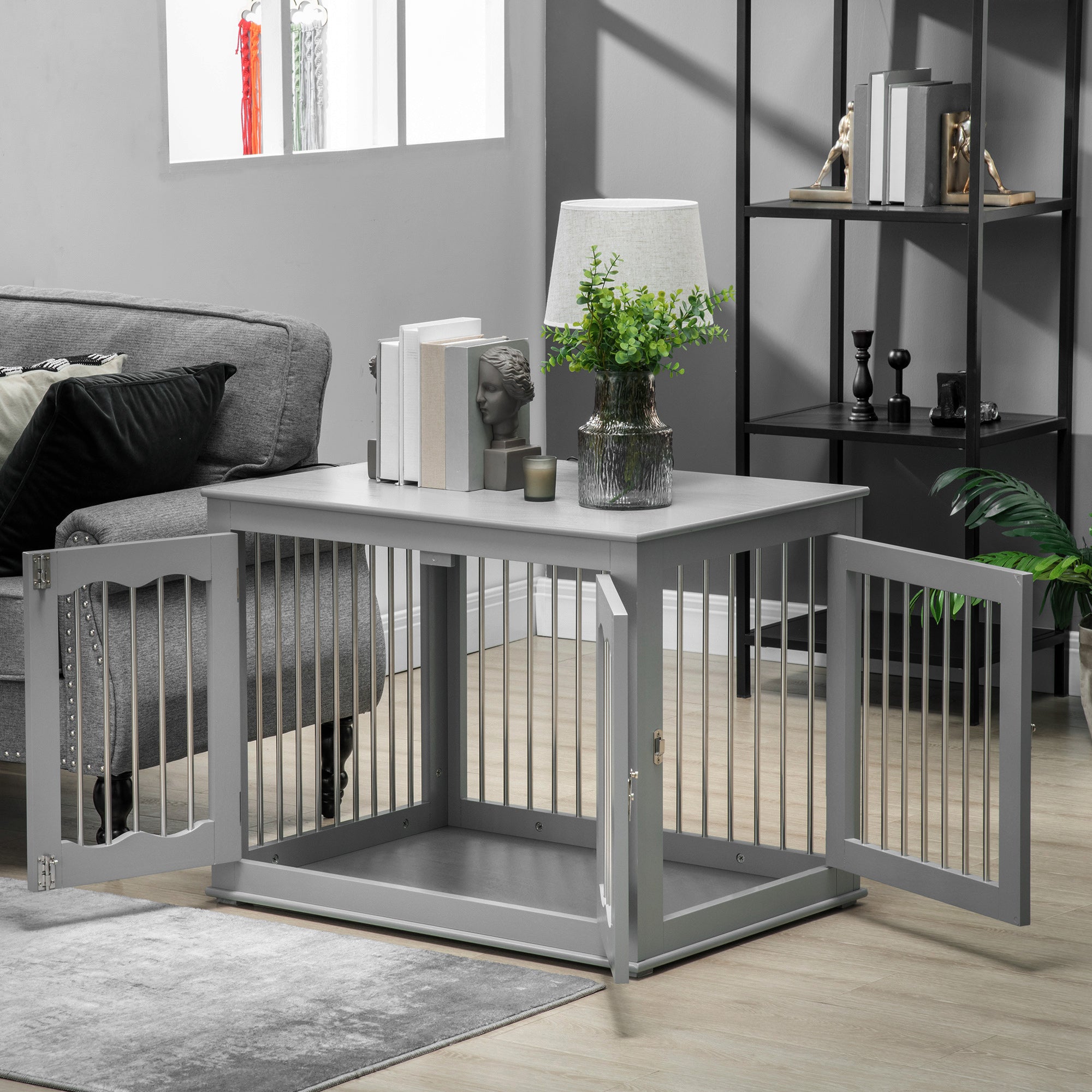 PawHut Dog Crate Furniture, 32" Dog Kennel Side End Table with Three Doors, Locks, Dog Cage for Indoor Use, for Small Medium Dogs, Grey