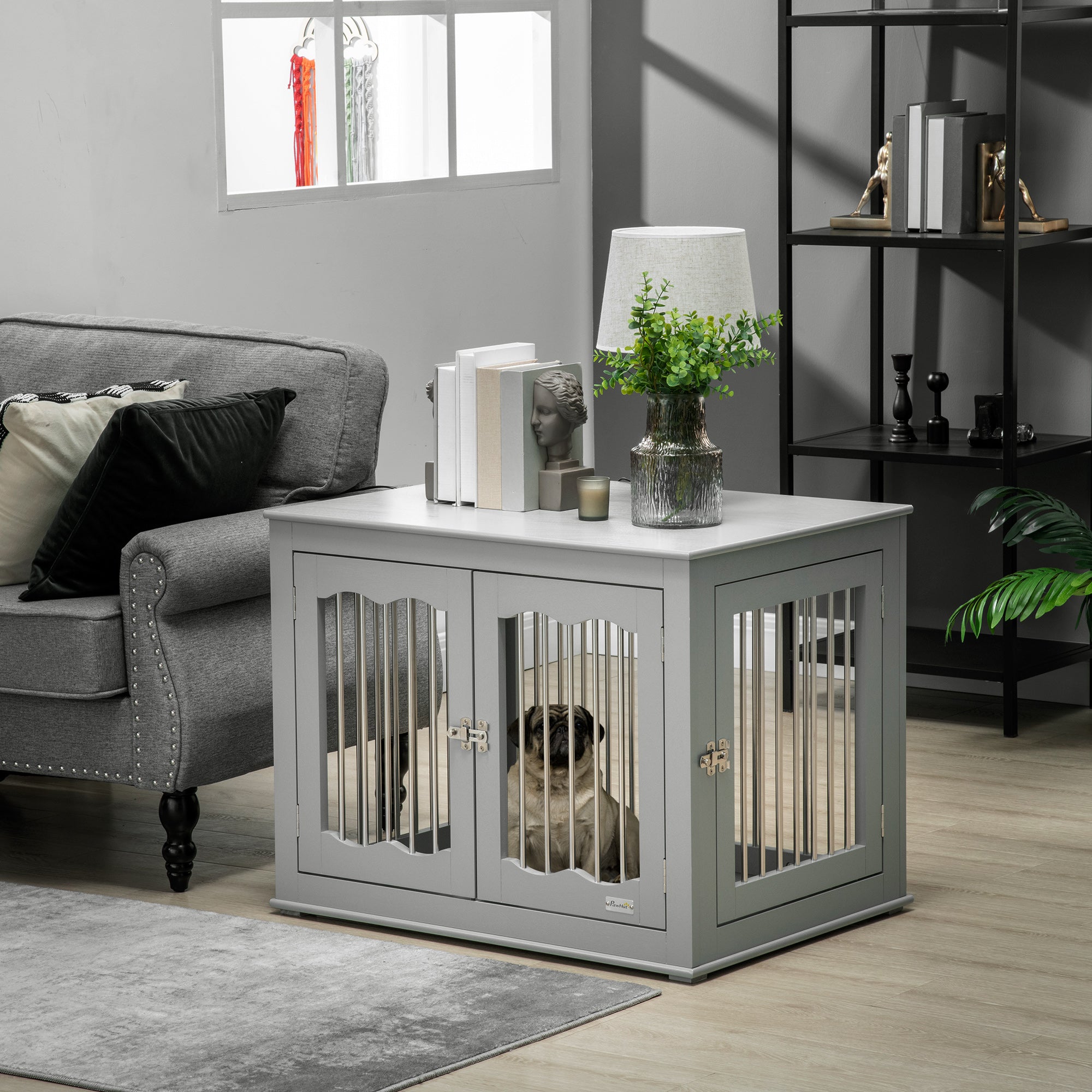 PawHut Dog Crate Furniture, 32" Dog Kennel Side End Table with Three Doors, Locks, Dog Cage for Indoor Use, for Small Medium Dogs, Grey