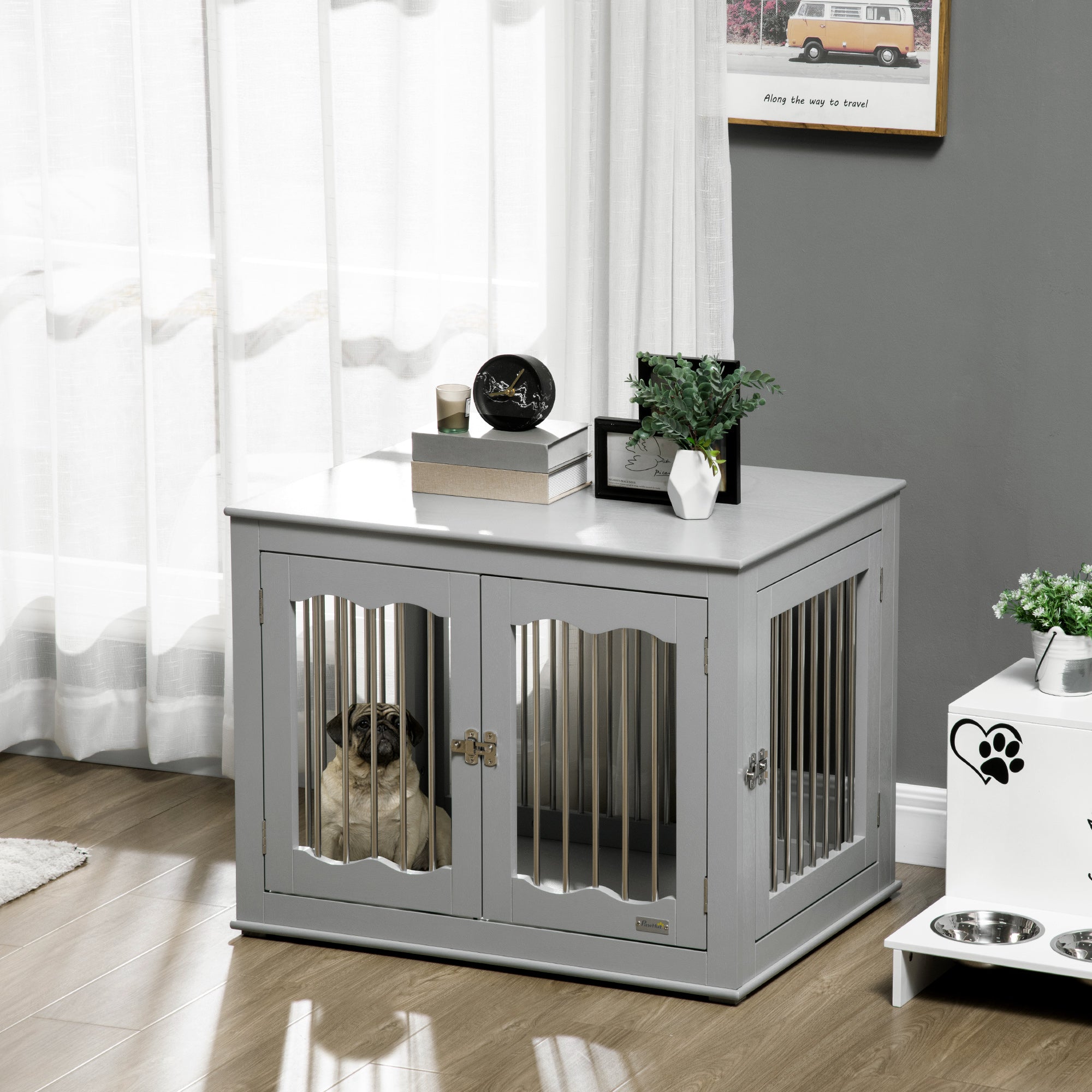PawHut Dog Crate Furniture, 32" Dog Kennel Side End Table with Three Doors, Locks, Dog Cage for Indoor Use, for Small Medium Dogs, Grey