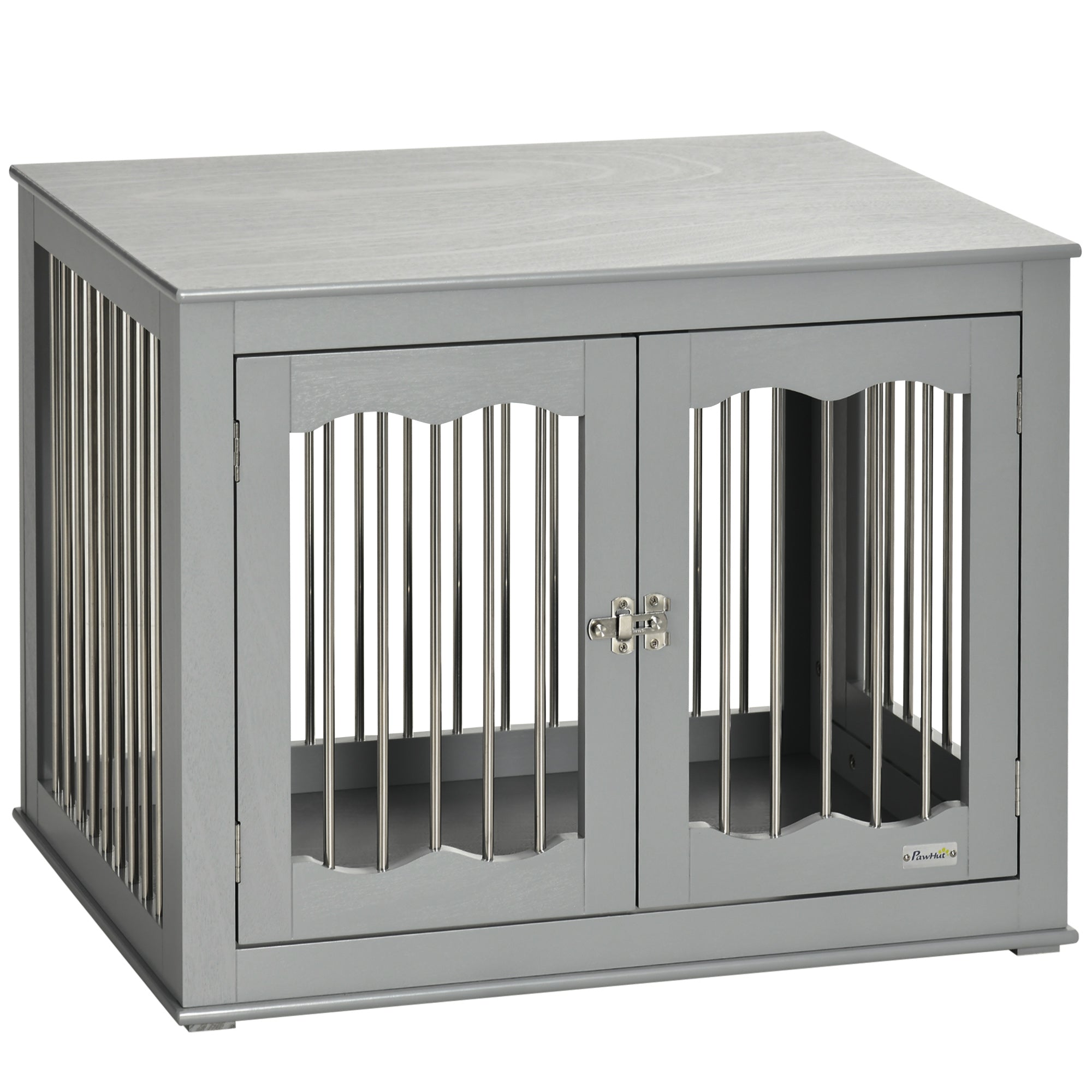 PawHut Dog Crate Furniture, 32" Dog Kennel Side End Table with Three Doors, Locks, Dog Cage for Indoor Use, for Small Medium Dogs, Grey