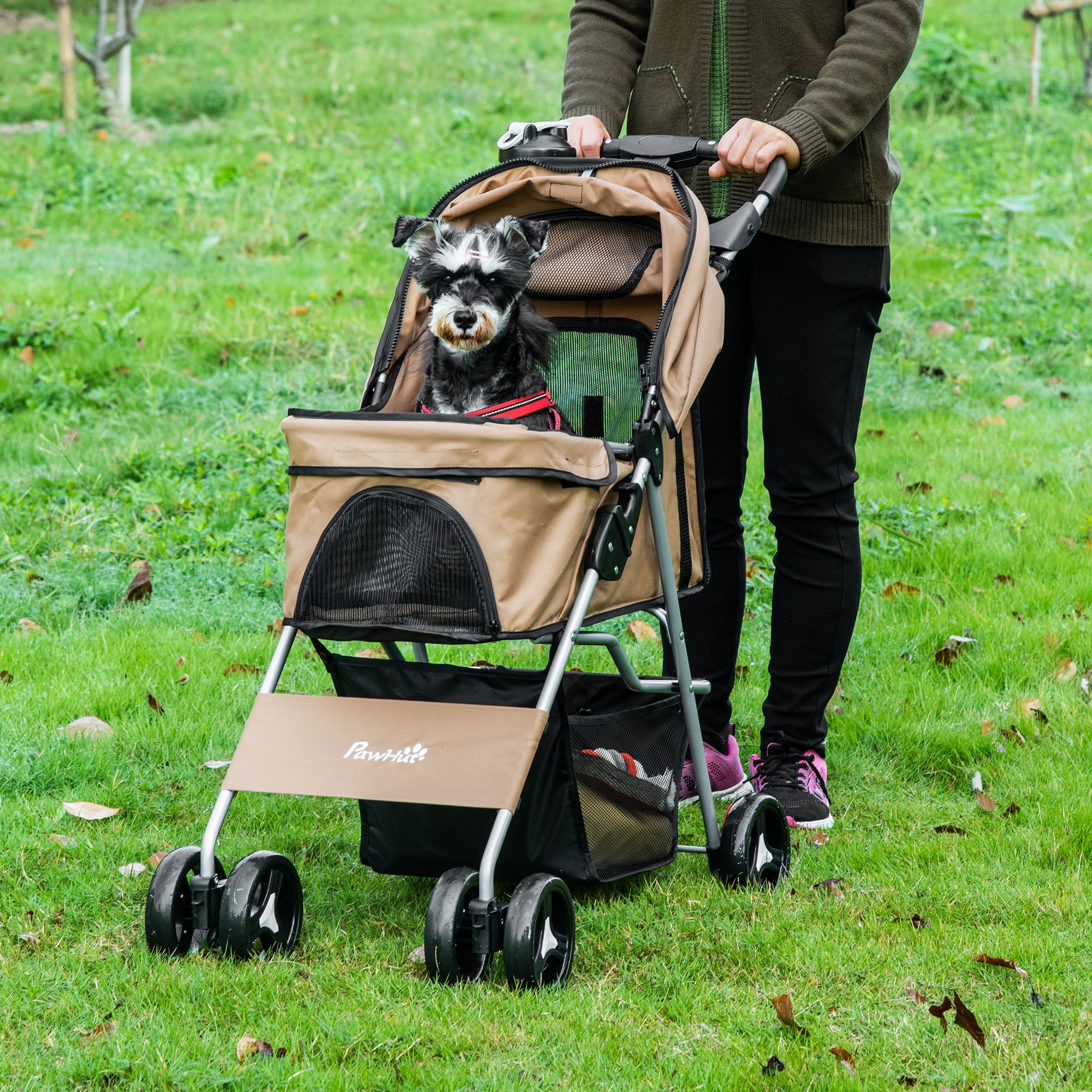 PawHut Dog Stroller, Foldable Pet Stroller for XS and Small Dogs and Cats, 4 Wheels Travel Carrier with Cup Holder, Storage Basket, 360° Wwiveling Front Wheels, Coffee