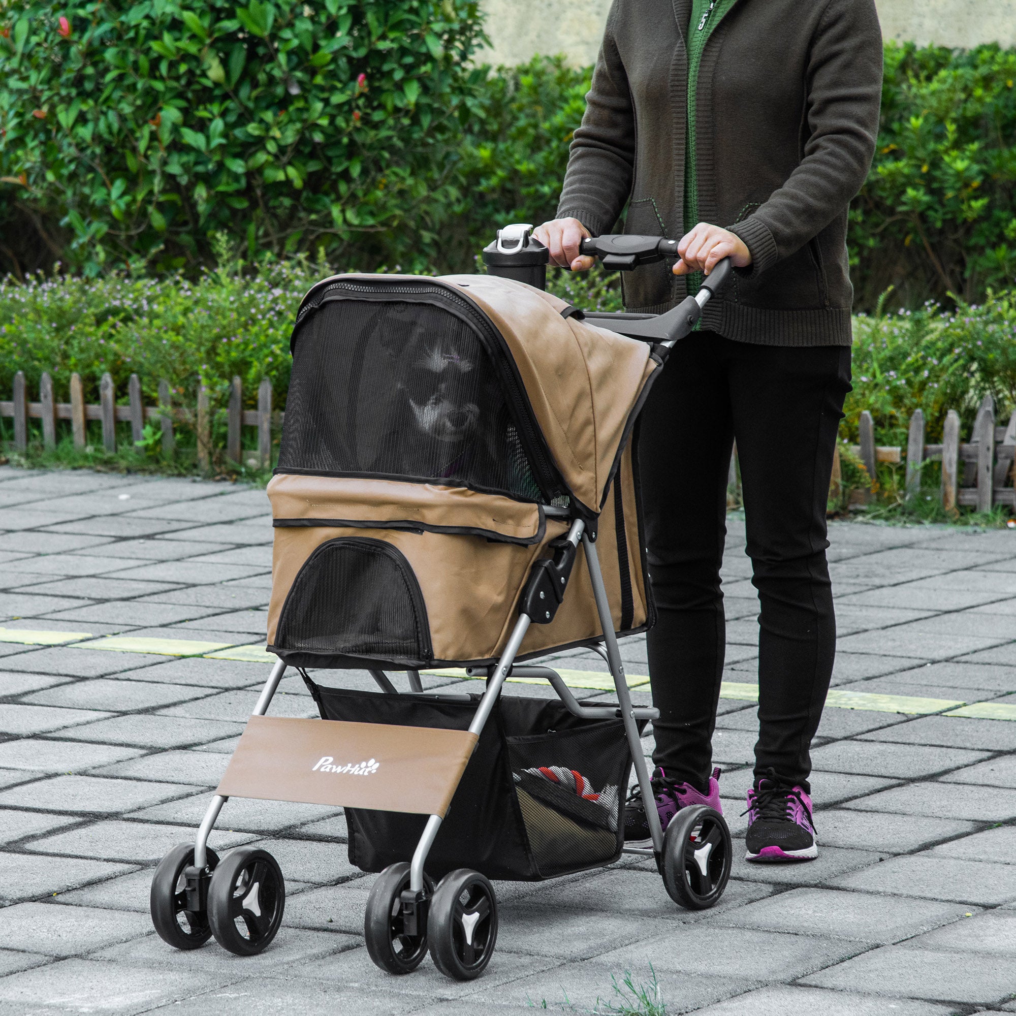 PawHut Dog Stroller, Foldable Pet Stroller for XS and Small Dogs and Cats, 4 Wheels Travel Carrier with Cup Holder, Storage Basket, 360° Wwiveling Front Wheels, Coffee
