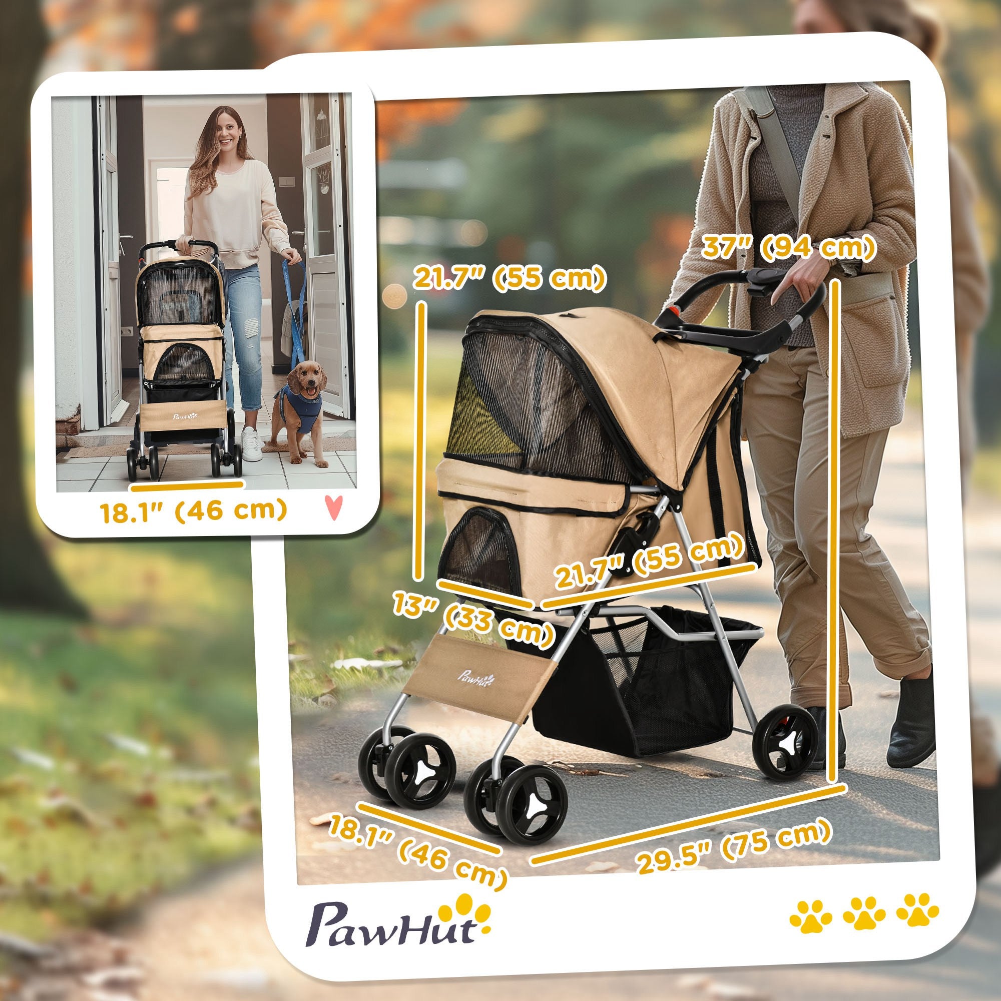 PawHut Dog Stroller, Foldable Pet Stroller for XS and Small Dogs and Cats, 4 Wheels Travel Carrier with Cup Holder, Storage Basket, 360° Wwiveling Front Wheels, Coffee