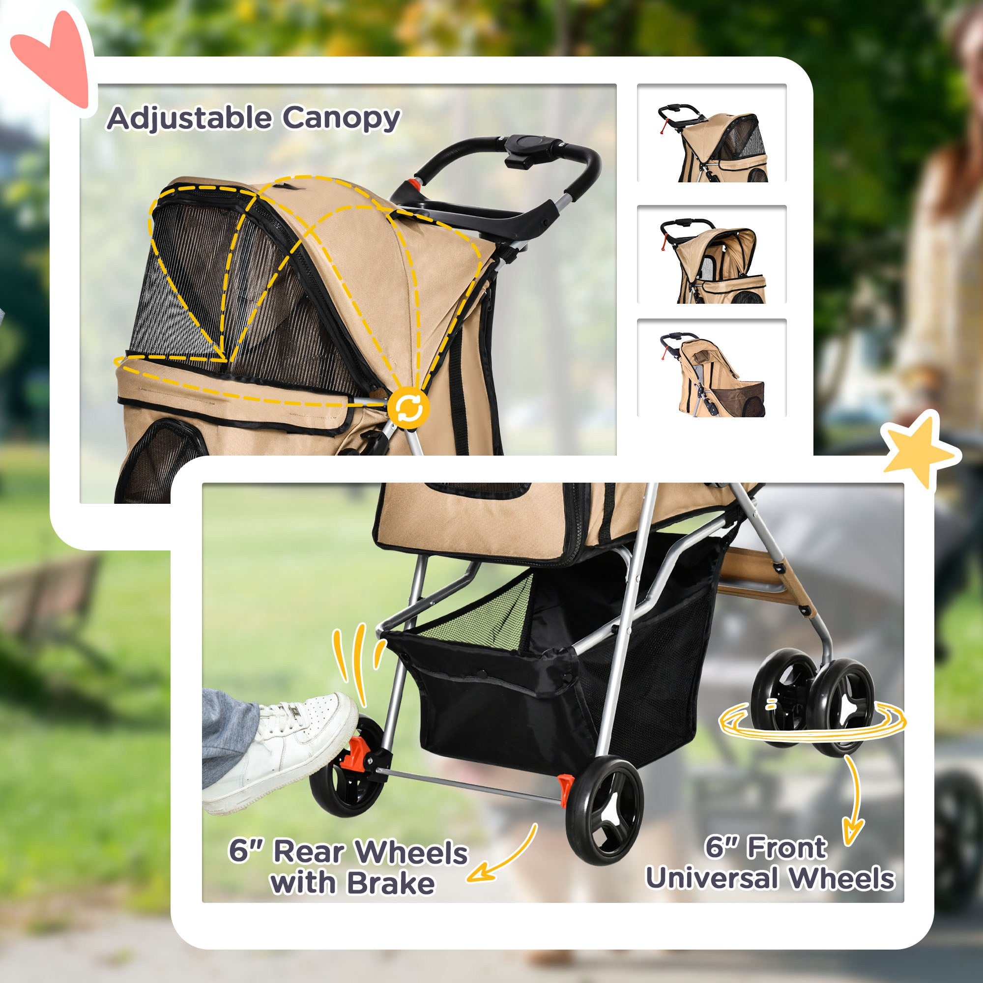 PawHut Dog Stroller, Foldable Pet Stroller for XS and Small Dogs and Cats, 4 Wheels Travel Carrier with Cup Holder, Storage Basket, 360° Wwiveling Front Wheels, Coffee