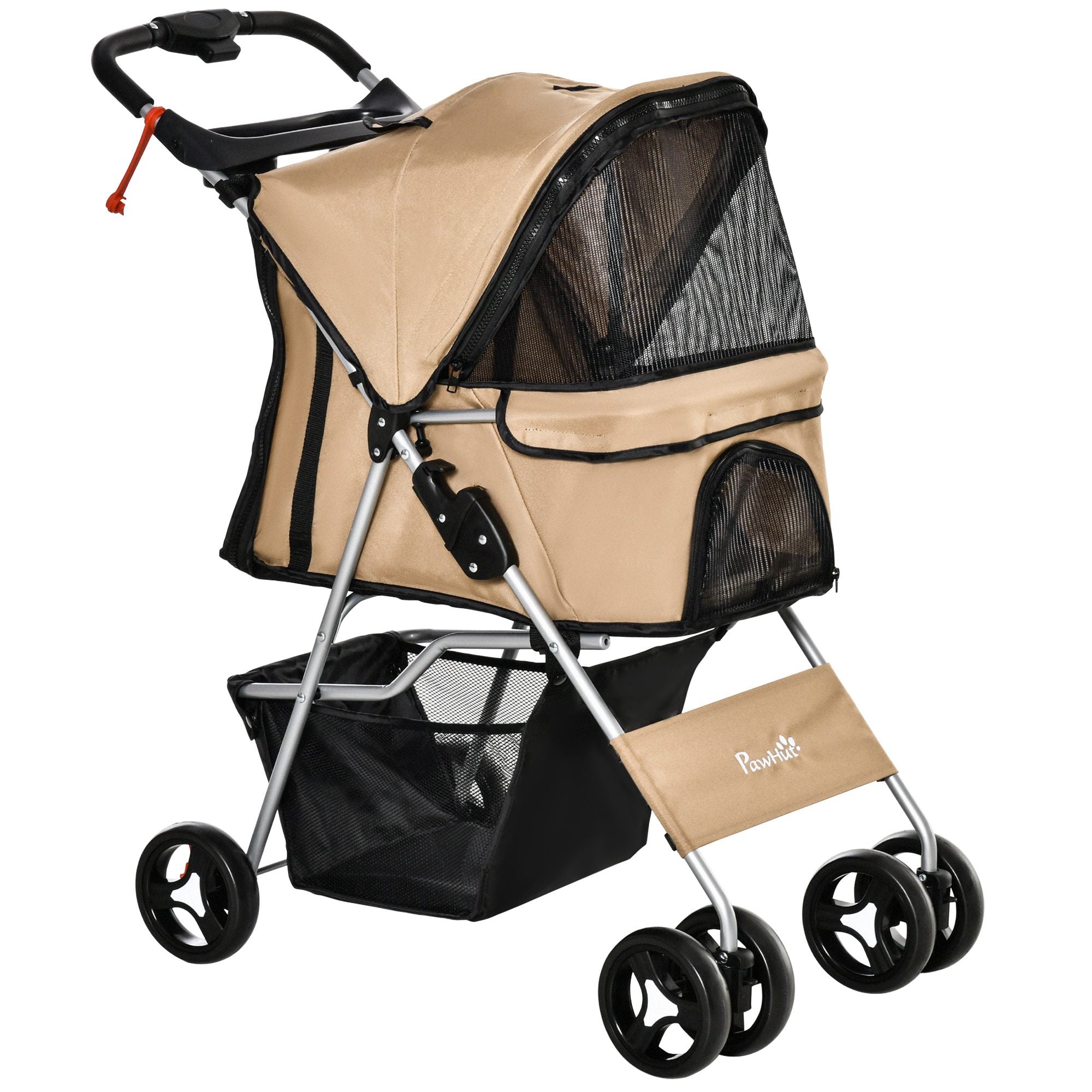 PawHut Dog Stroller, Foldable Pet Stroller for XS and Small Dogs and Cats, 4 Wheels Travel Carrier with Cup Holder, Storage Basket, 360° Wwiveling Front Wheels, Coffee