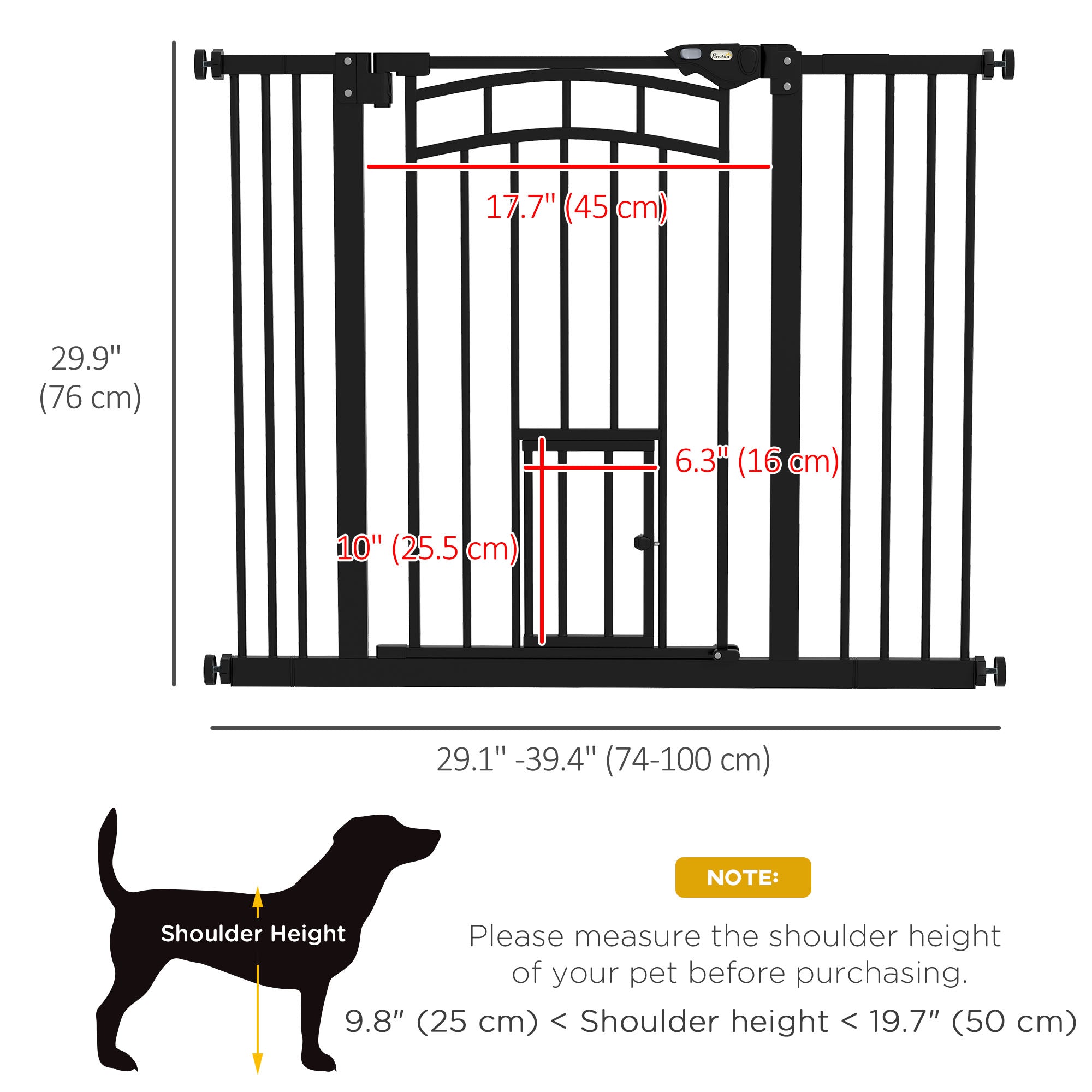 PawHut 30"H Tall Dog Gate, Pet Gate with Cat Door, Auto-Close Pressure-Mounted Steel Safety Gate Barrier, Double Locking for Doorways Hallways Stairs, Fits 29"-39.4"W, Black