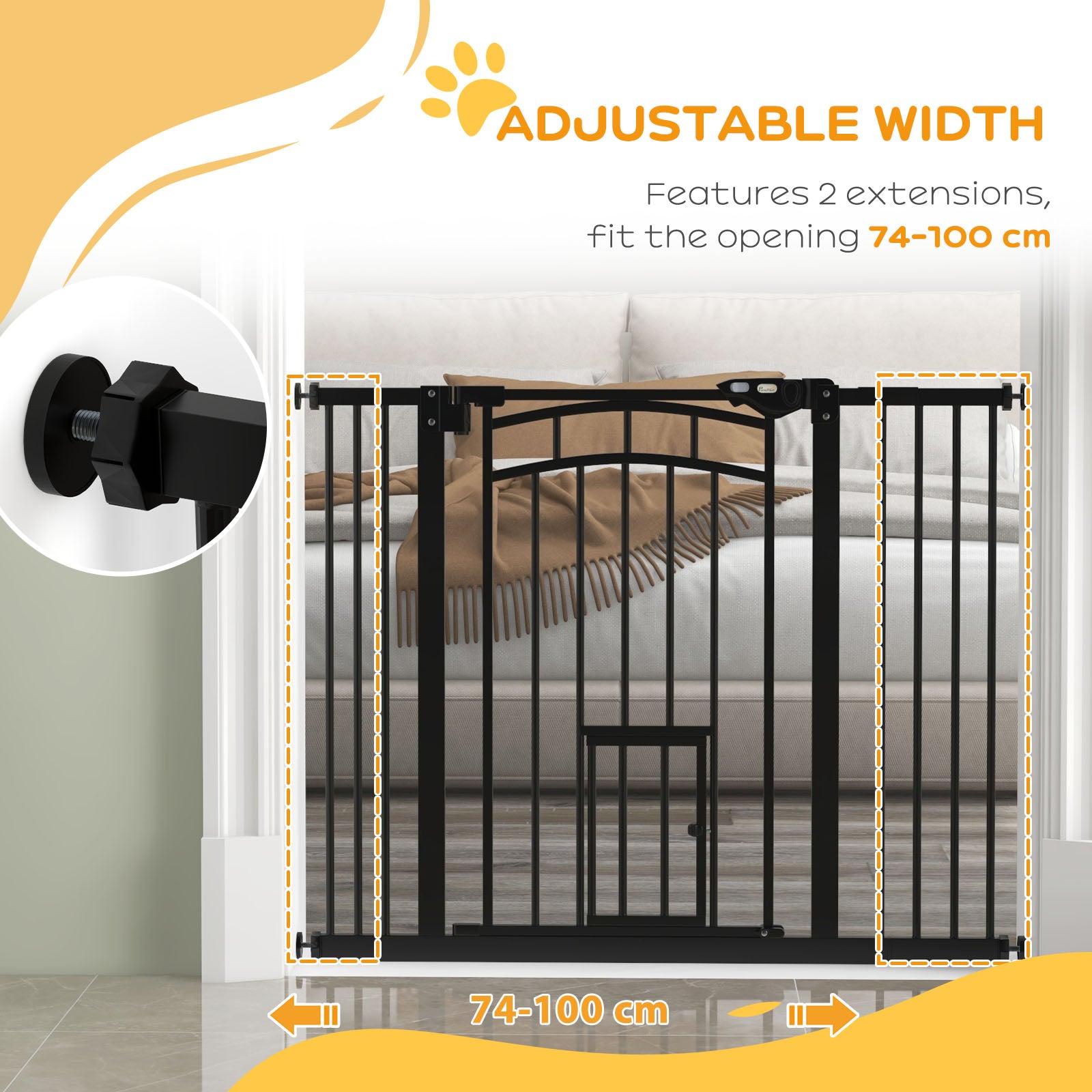 PawHut 30"H Tall Dog Gate, Pet Gate with Cat Door, Auto-Close Pressure-Mounted Steel Safety Gate Barrier, Double Locking for Doorways Hallways Stairs, Fits 29"-39.4"W, Black