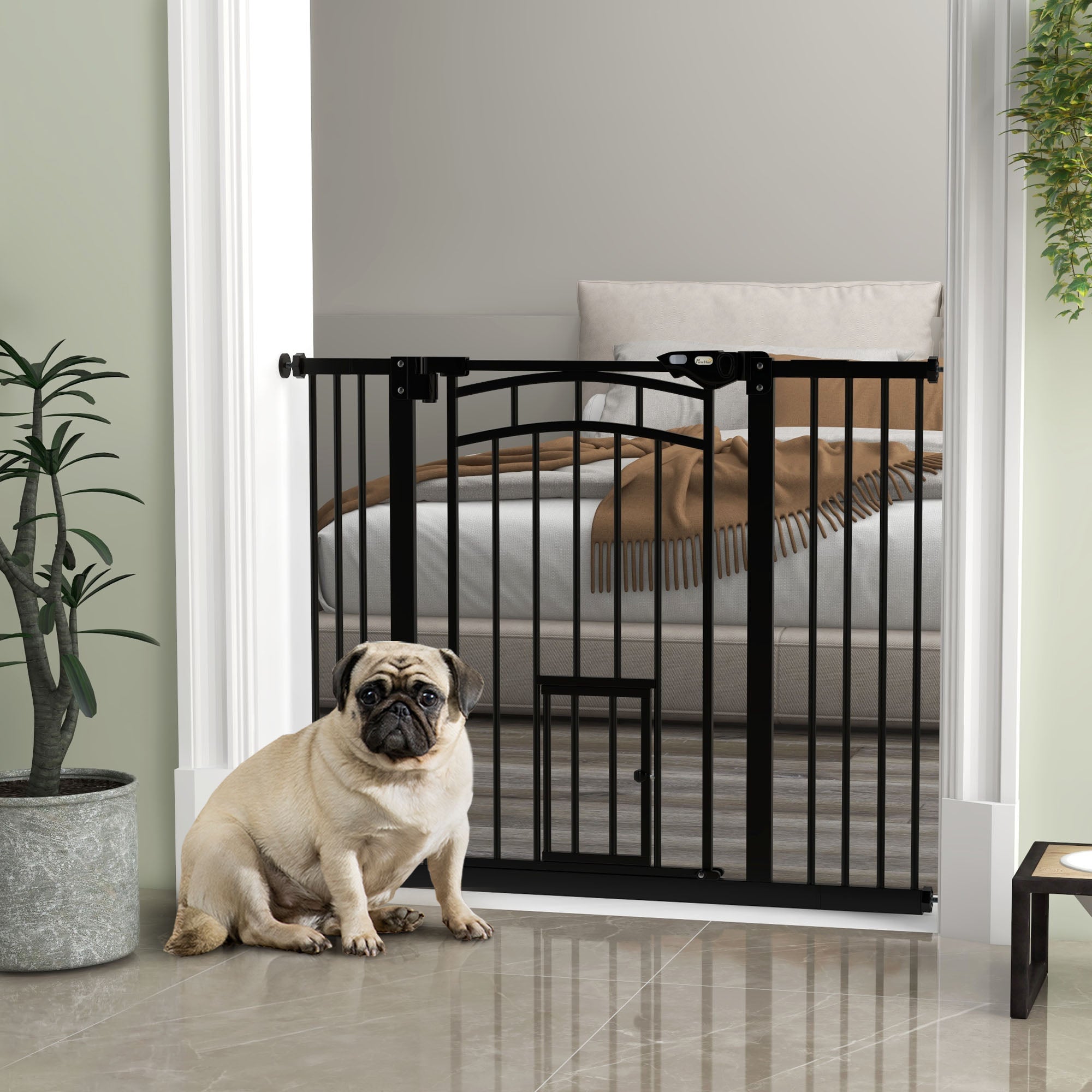 PawHut 30"H Tall Dog Gate, Pet Gate with Cat Door, Auto-Close Pressure-Mounted Steel Safety Gate Barrier, Double Locking for Doorways Hallways Stairs, Fits 29"-39.4"W, Black