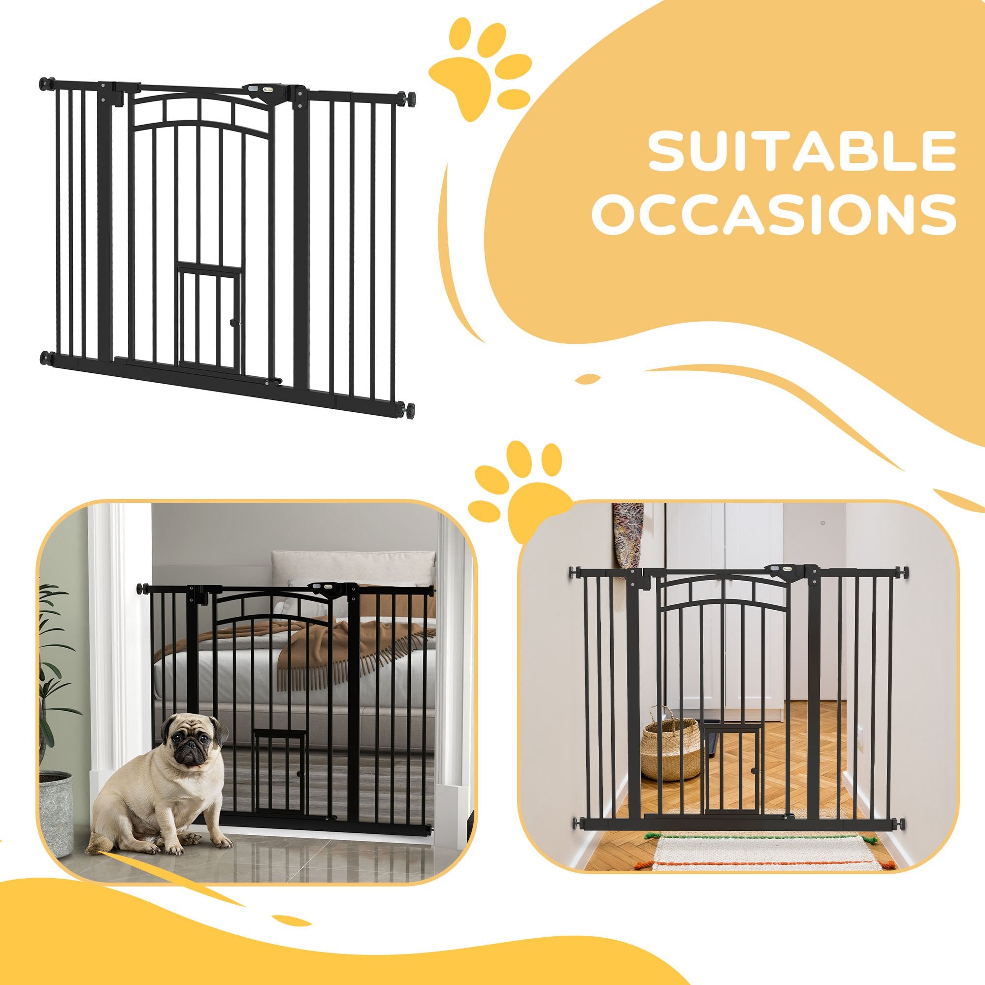 PawHut 30"H Tall Dog Gate, Pet Gate with Cat Door, Auto-Close Pressure-Mounted Steel Safety Gate Barrier, Double Locking for Doorways Hallways Stairs, Fits 29"-39.4"W, Black