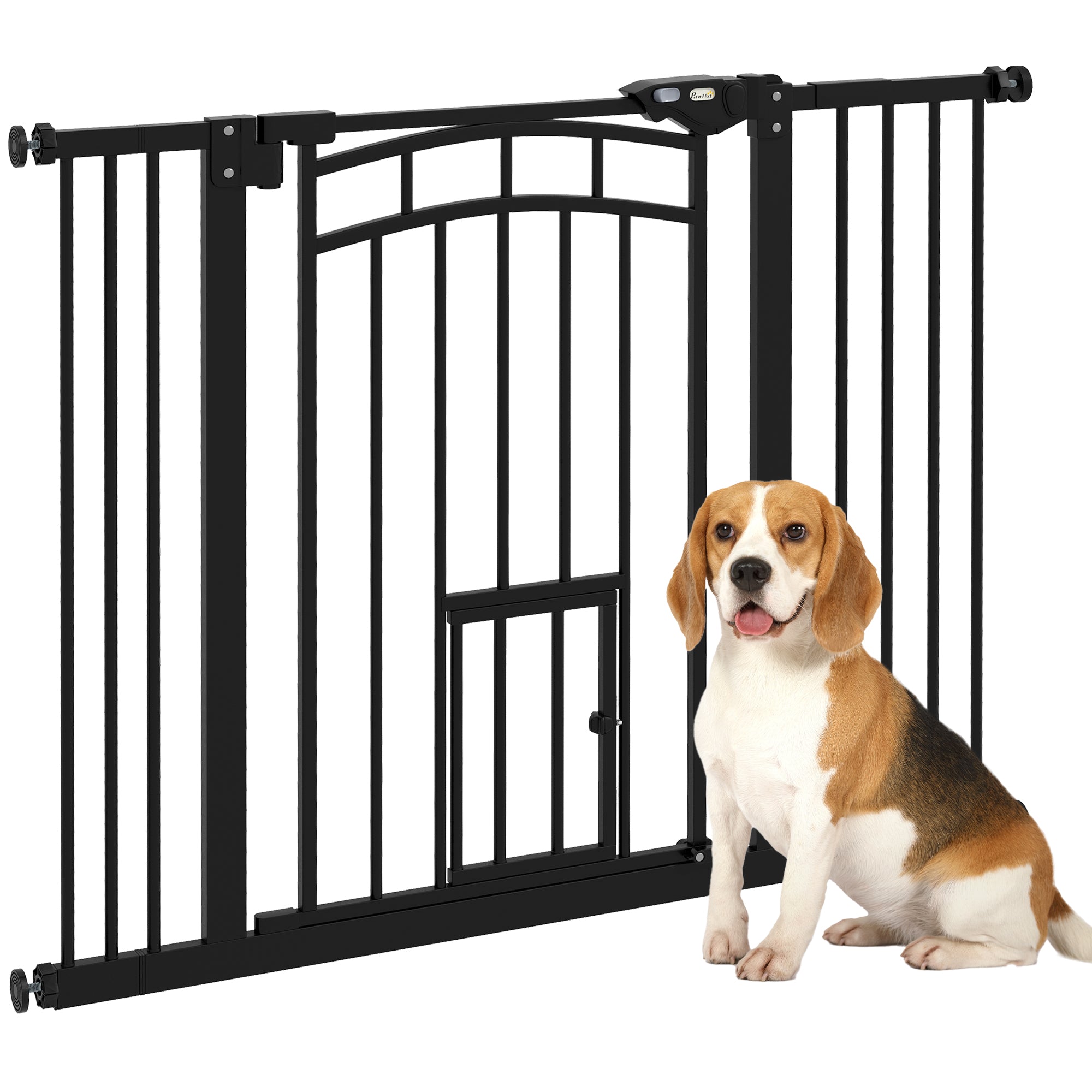 PawHut 30"H Tall Dog Gate, Pet Gate with Cat Door, Auto-Close Pressure-Mounted Steel Safety Gate Barrier, Double Locking for Doorways Hallways Stairs, Fits 29"-39.4"W, Black