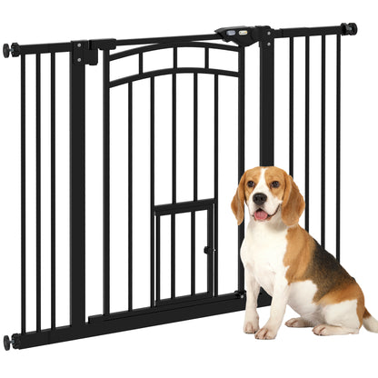 PawHut 30"H Tall Dog Gate, Pet Gate with Cat Door, Auto-Close Pressure-Mounted Steel Safety Gate Barrier, Double Locking for Doorways Hallways Stairs, Fits 29"-39.4"W, Black