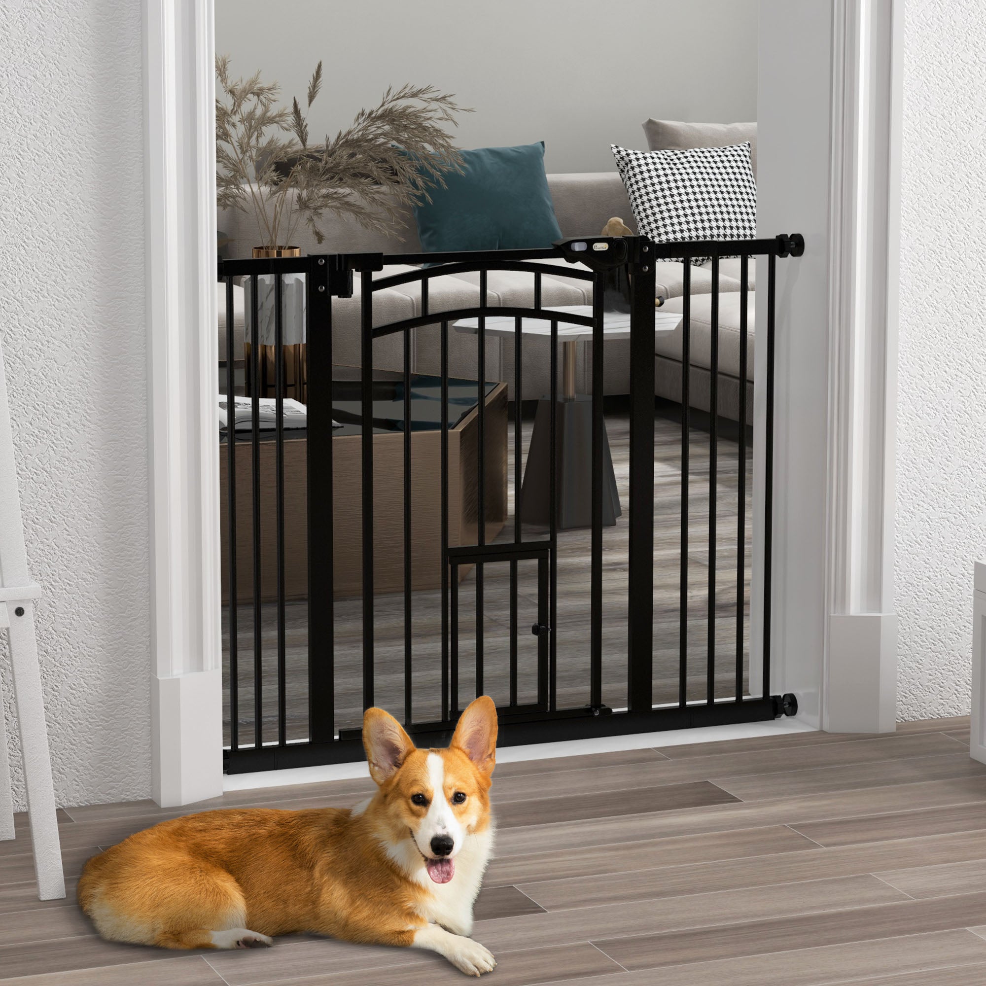 PawHut 30"H Tall Dog Gate, Pet Gate with Cat Door, Auto-Close Pressure-Mounted Steel Safety Gate Barrier, Double Locking for Doorways Hallways Stairs, Fits 29"-39.4"W, Black