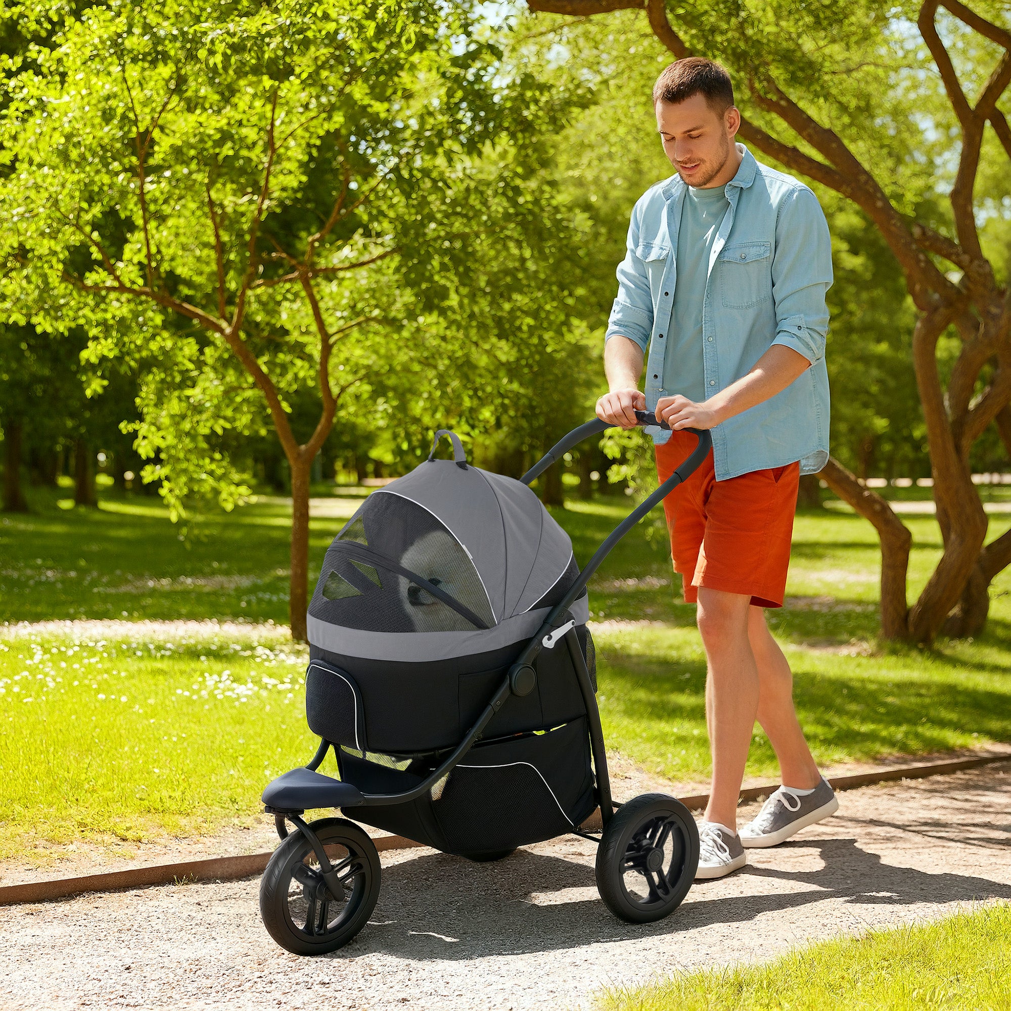 PawHut Pet Stroller for Small Dogs and Cats, 3 in 1 Dog Stroller Jogger with Detachable Carrier, Storage Basket, 3 Big Wheels Foldable Cat Stroller with Adjustable Canopy, Gray