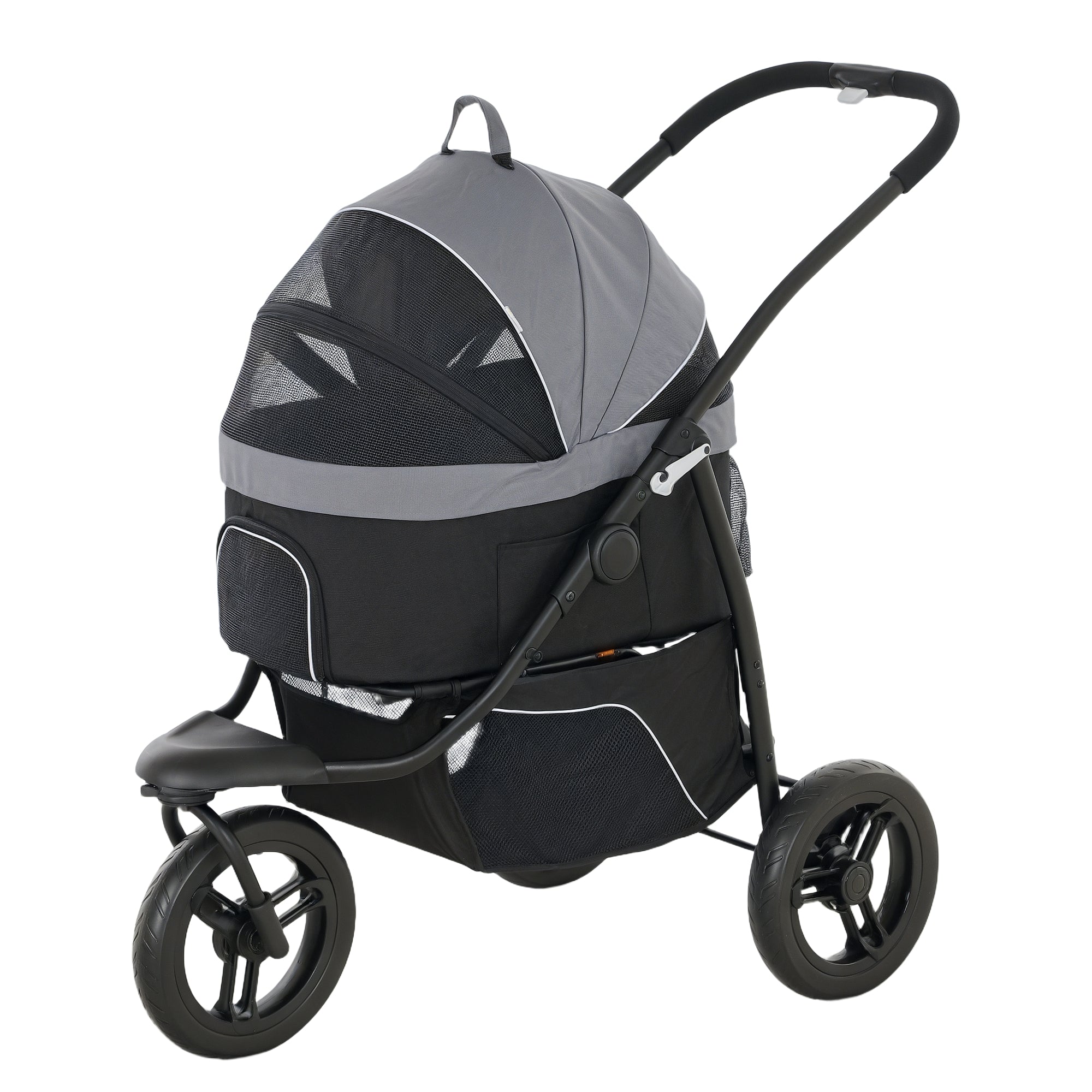 PawHut Pet Stroller for Small Dogs and Cats, 3 in 1 Dog Stroller Jogger with Detachable Carrier, Storage Basket, 3 Big Wheels Foldable Cat Stroller with Adjustable Canopy, Gray