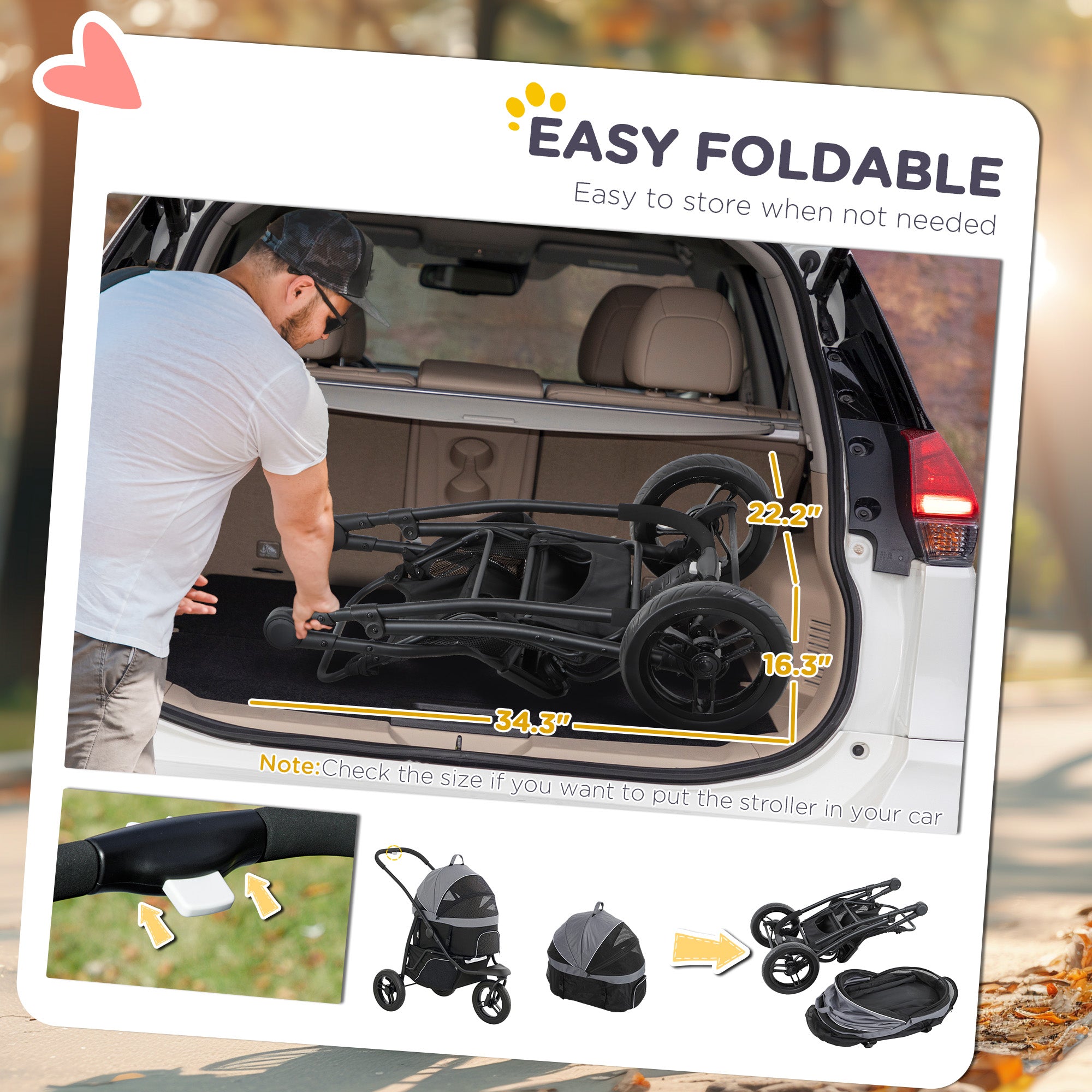 PawHut Pet Stroller for Small Dogs and Cats, 3 in 1 Dog Stroller Jogger with Detachable Carrier, Storage Basket, 3 Big Wheels Foldable Cat Stroller with Adjustable Canopy, Gray