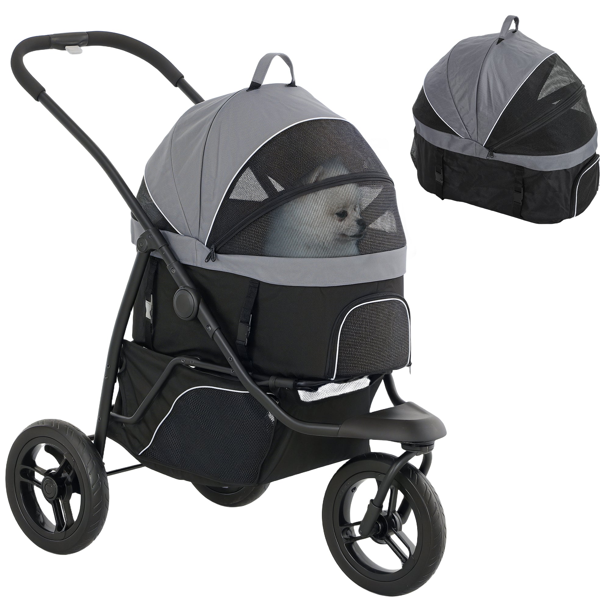 PawHut Pet Stroller for Small Dogs and Cats, 3 in 1 Dog Stroller Jogger with Detachable Carrier, Storage Basket, 3 Big Wheels Foldable Cat Stroller with Adjustable Canopy, Gray