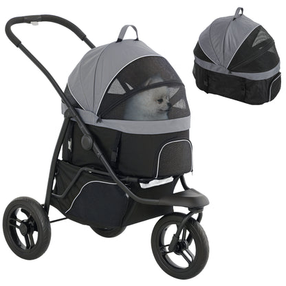 PawHut Pet Stroller for Small Dogs and Cats, 3 in 1 Dog Stroller Jogger with Detachable Carrier, Storage Basket, 3 Big Wheels Foldable Cat Stroller with Adjustable Canopy, Gray