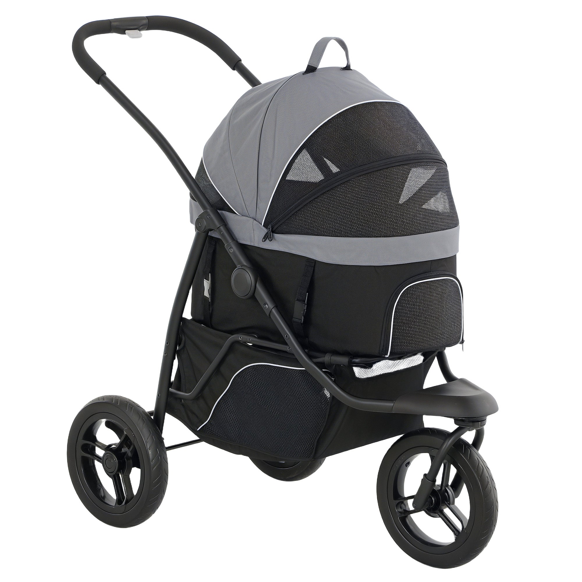 PawHut Pet Stroller for Small Dogs and Cats, 3 in 1 Dog Stroller Jogger with Detachable Carrier, Storage Basket, 3 Big Wheels Foldable Cat Stroller with Adjustable Canopy, Gray