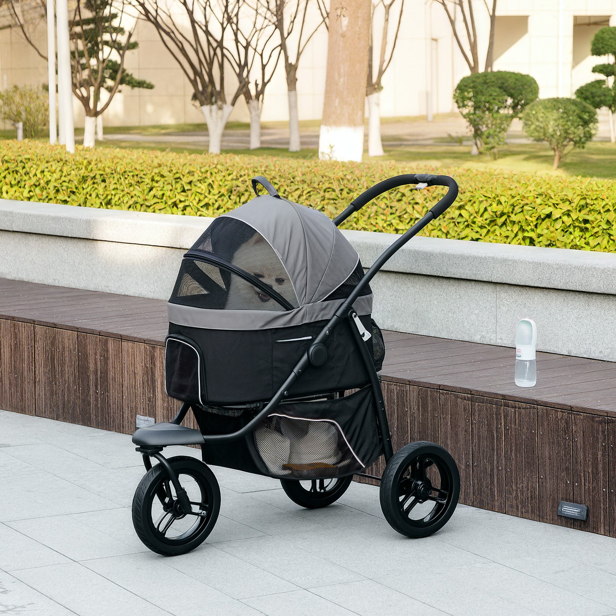 PawHut Pet Stroller for Small Dogs and Cats, 3 in 1 Dog Stroller Jogger with Detachable Carrier, Storage Basket, 3 Big Wheels Foldable Cat Stroller with Adjustable Canopy, Gray