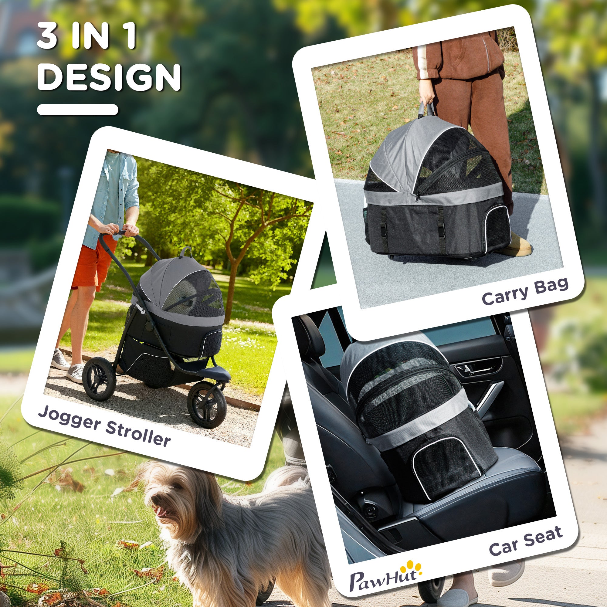 PawHut Pet Stroller for Small Dogs and Cats, 3 in 1 Dog Stroller Jogger with Detachable Carrier, Storage Basket, 3 Big Wheels Foldable Cat Stroller with Adjustable Canopy, Gray